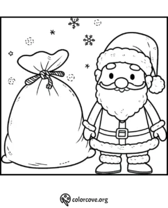 Santa Claus coloring page with gift sack, snowflakes, and stars for kids' Christmas fun.