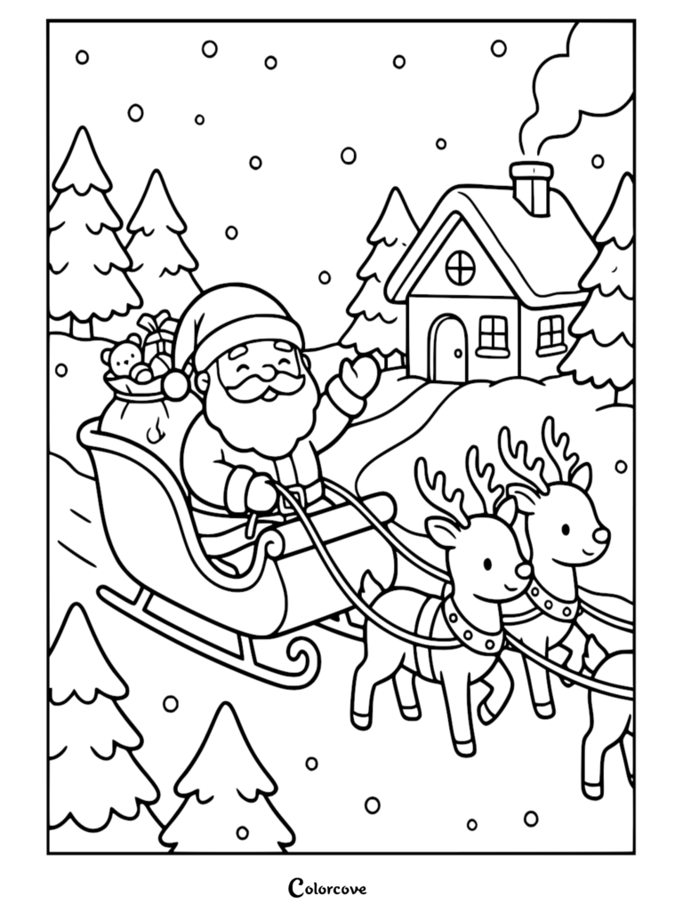 Santa Claus waving from his sleigh pulled by reindeer in a snowy village scene coloring page