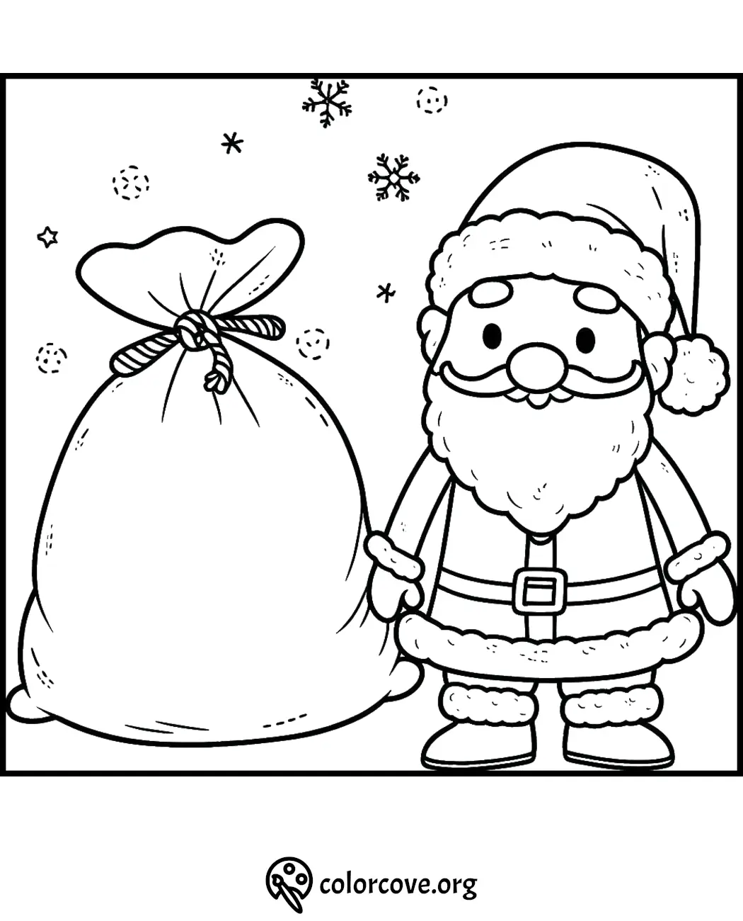 Santa Claus coloring page with gift sack, snowflakes, and stars for kids' Christmas fun.