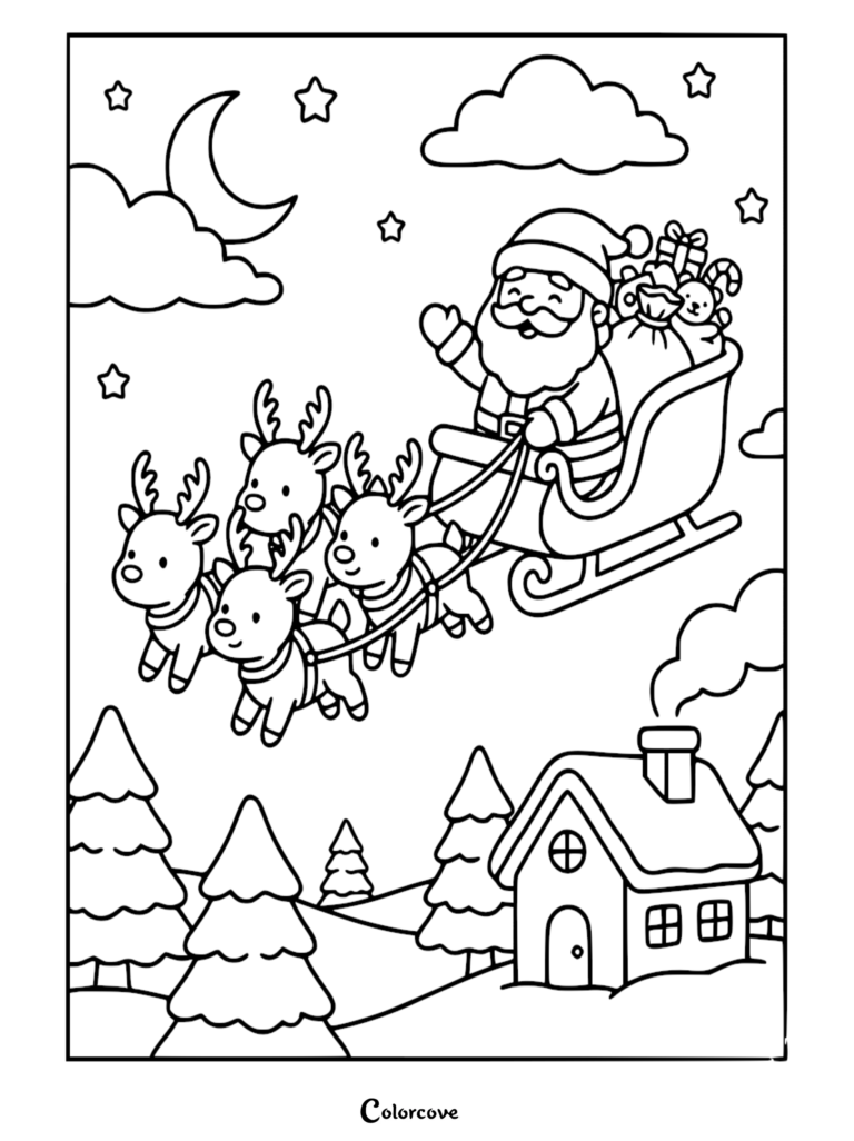 Santa Claus waving from his sleigh pulled by three reindeer flying over a snowy house at night in this printable coloring page.
