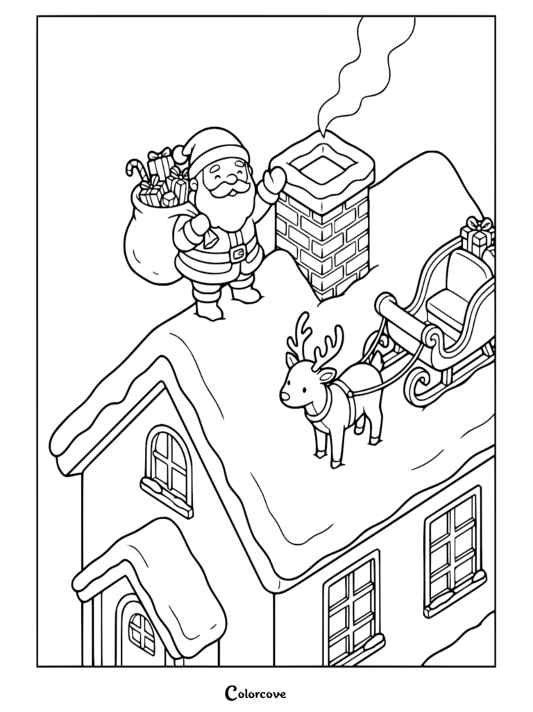 Santa standing on a snowy roof with his gift sack next to a chimney and reindeer pulling a sleigh in this printable coloring page.