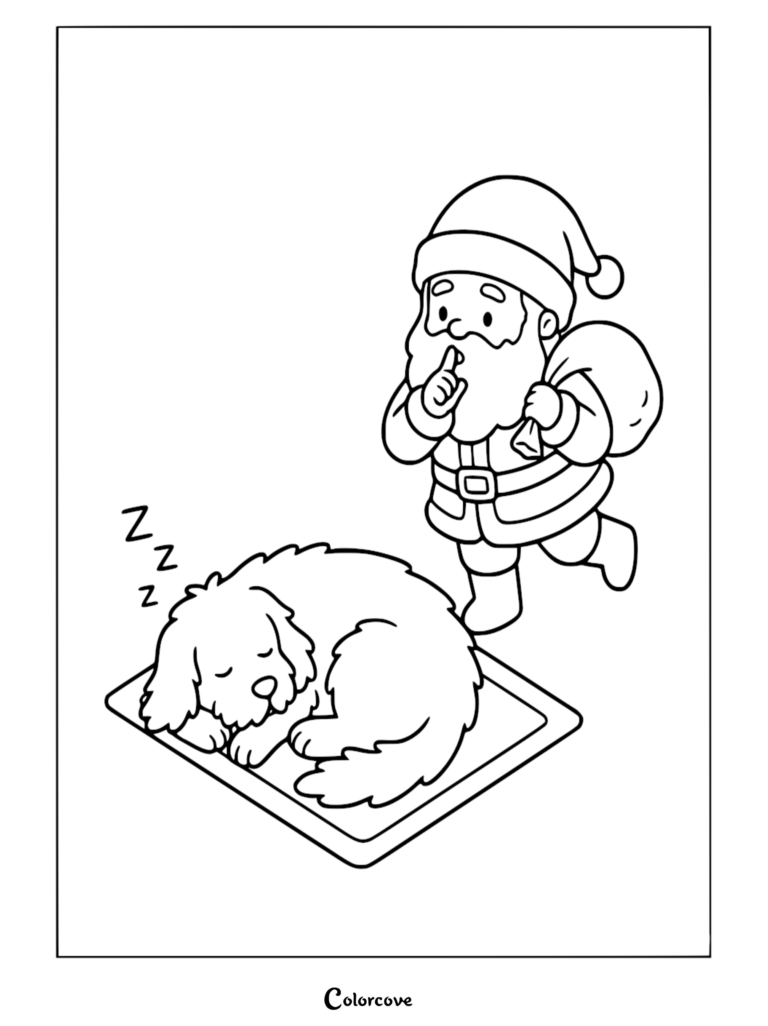 Santa Claus holding a finger to his lips in a shushing gesture while a fluffy dog sleeps on a rug in this printable coloring page.