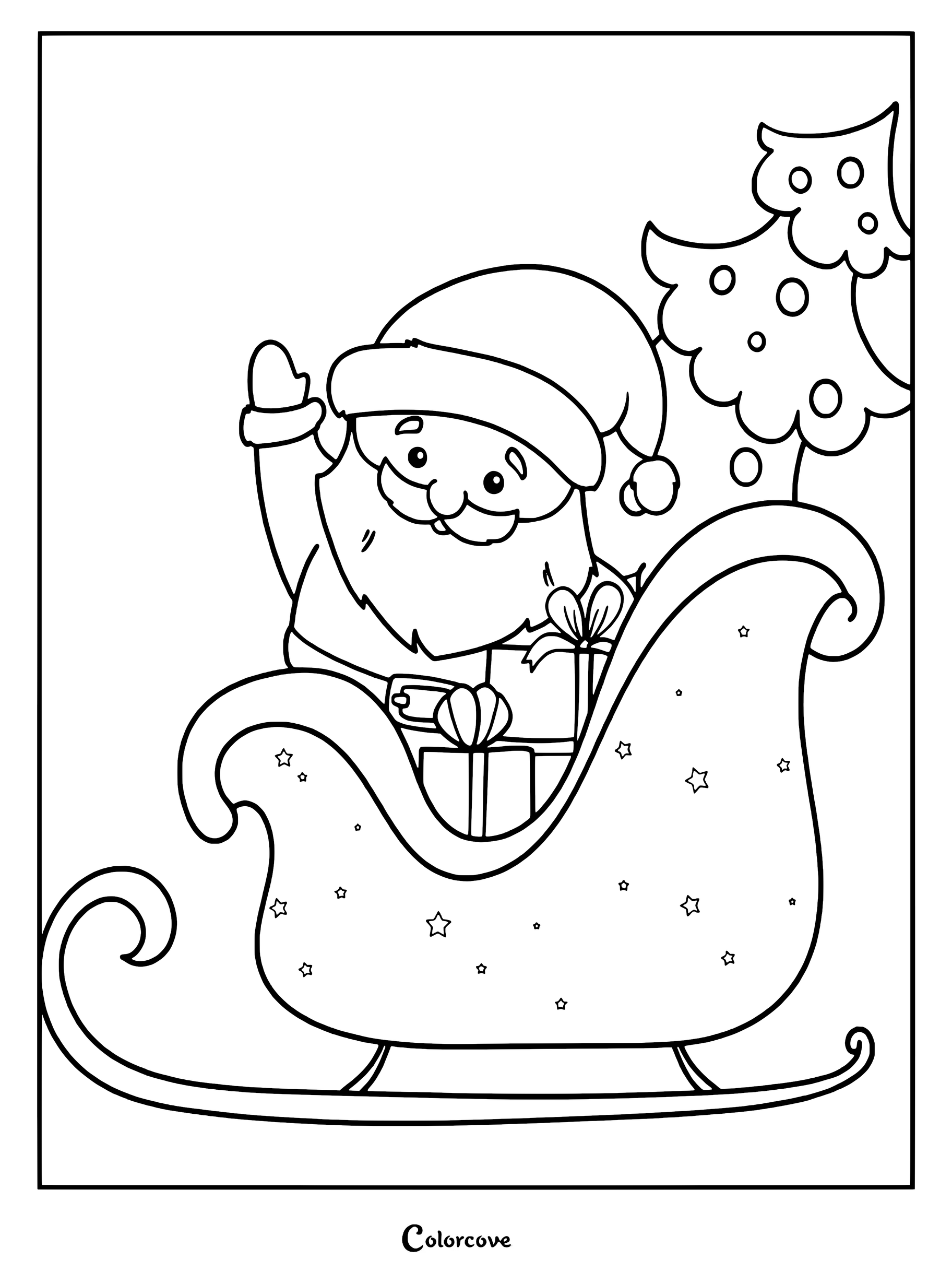 Papá Noel saludando desde un trineo decorado con estrellas, con regalos de Navidad y un árbol. Página para colorear imprimible.