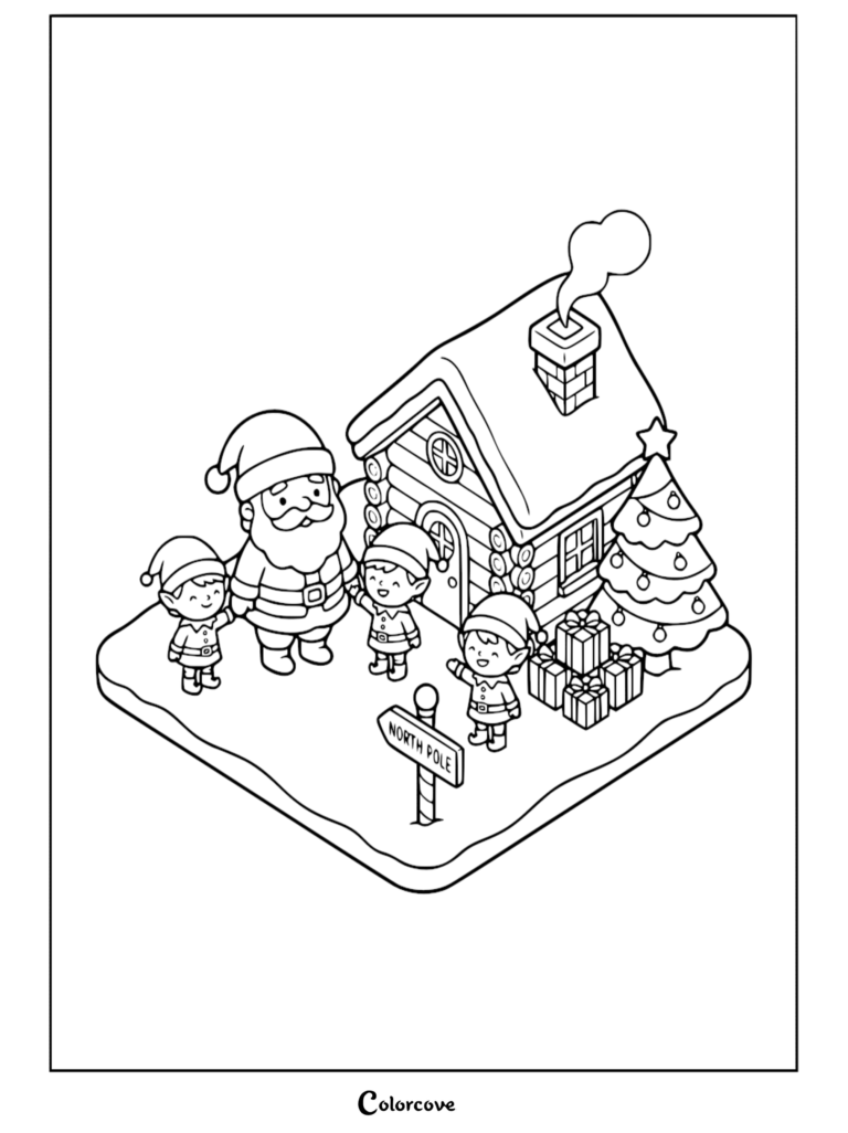 Santa Claus standing with three happy elves outside a snowy log cabin with a Christmas tree and gifts in this printable coloring page.