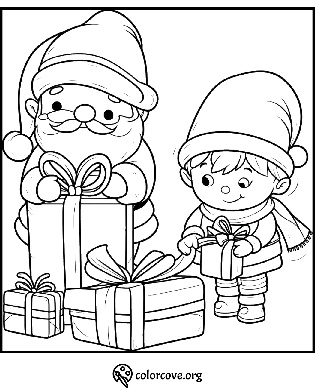 Santa and child with gifts, Christmas coloring page for kids. Fun festive activity for holiday coloring.