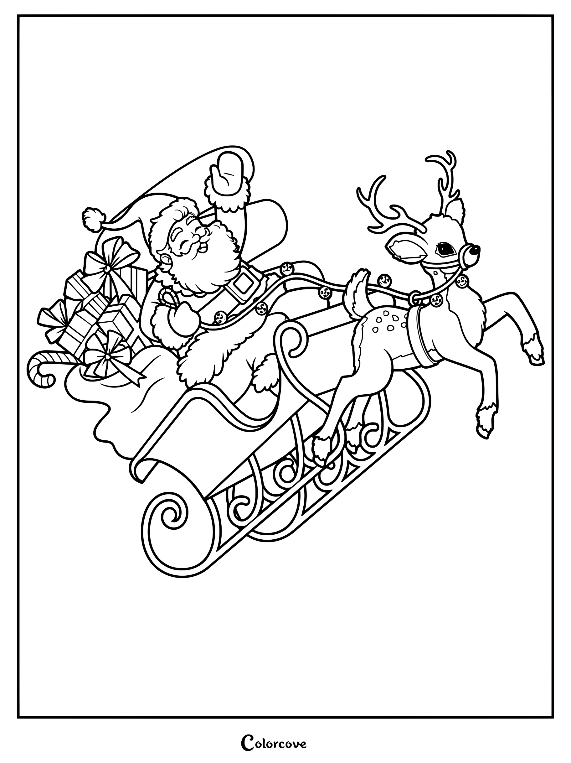 En esta página para colorear imprimible, Papá Noel saluda desde un trineo lleno de regalos tirado por un reno.