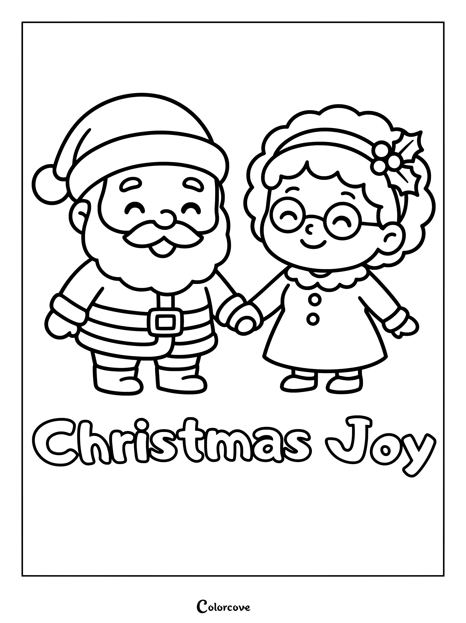 Una simpática página para colorear con Papá Noel y la Señora Claus cogidos de la mano y el texto "Alegría navideña" debajo.