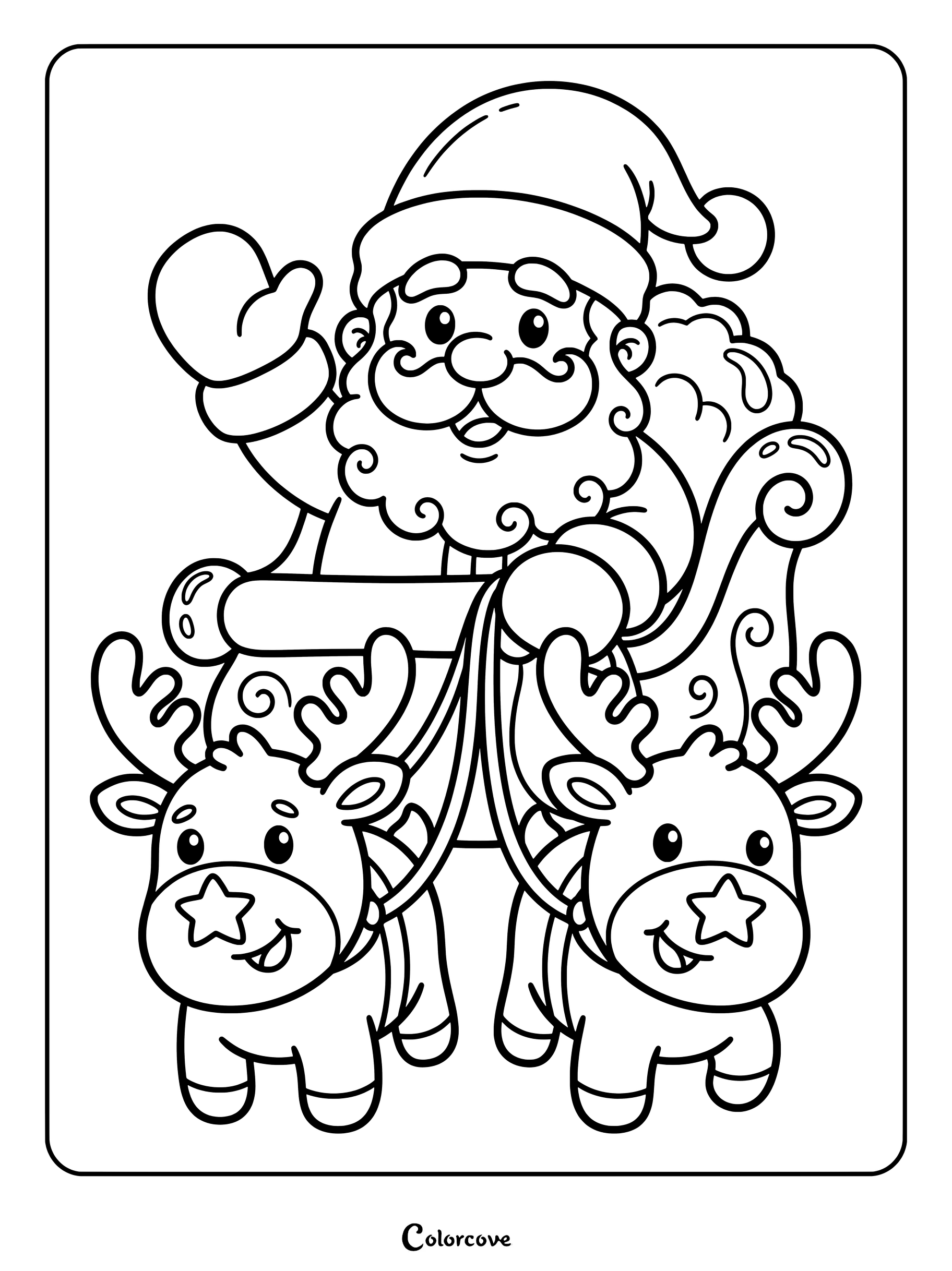 En esta página para colorear imprimible, Papá Noel saluda desde un trineo tirado por dos renos sonrientes.