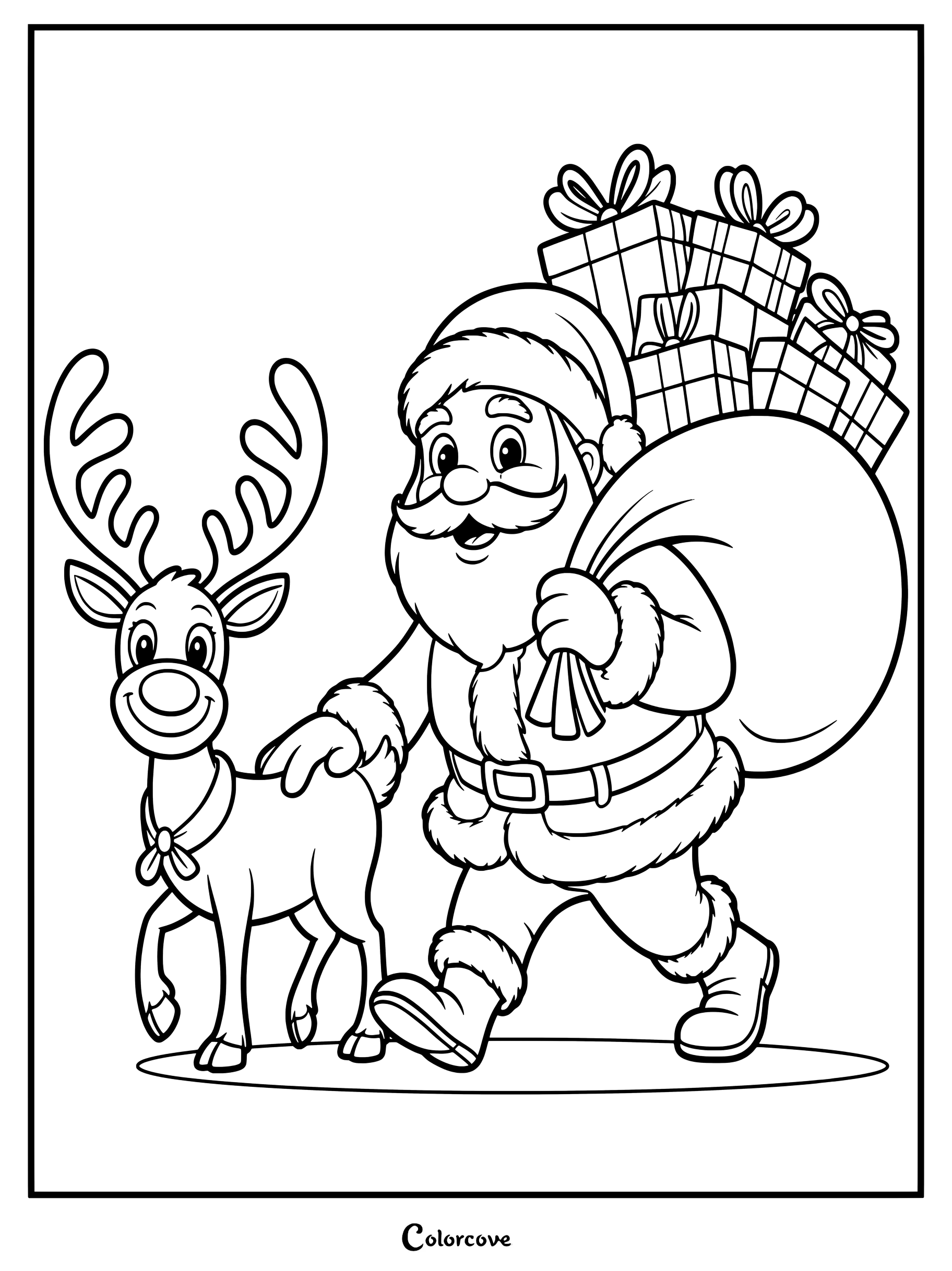 En esta página para colorear imprimible, Papá Noel camina con un reno y lleva un saco de regalos.