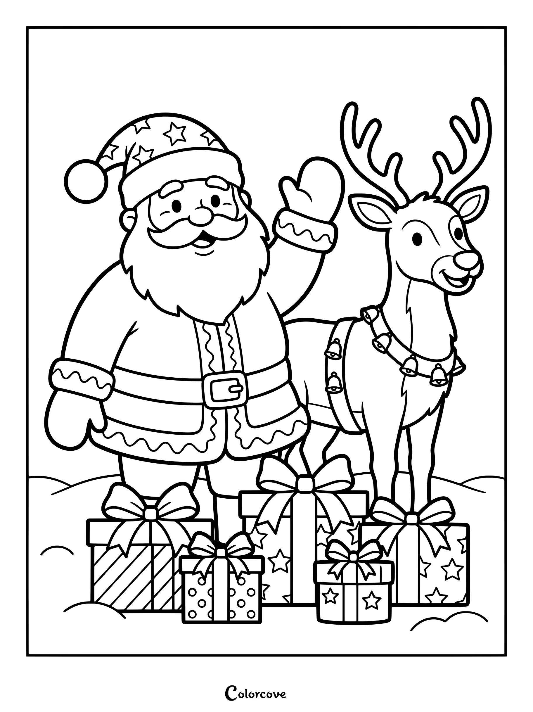 En esta página para colorear imprimible, Papá Noel saluda junto a un reno con un collar de cascabeles, detrás de regalos navideños envueltos.