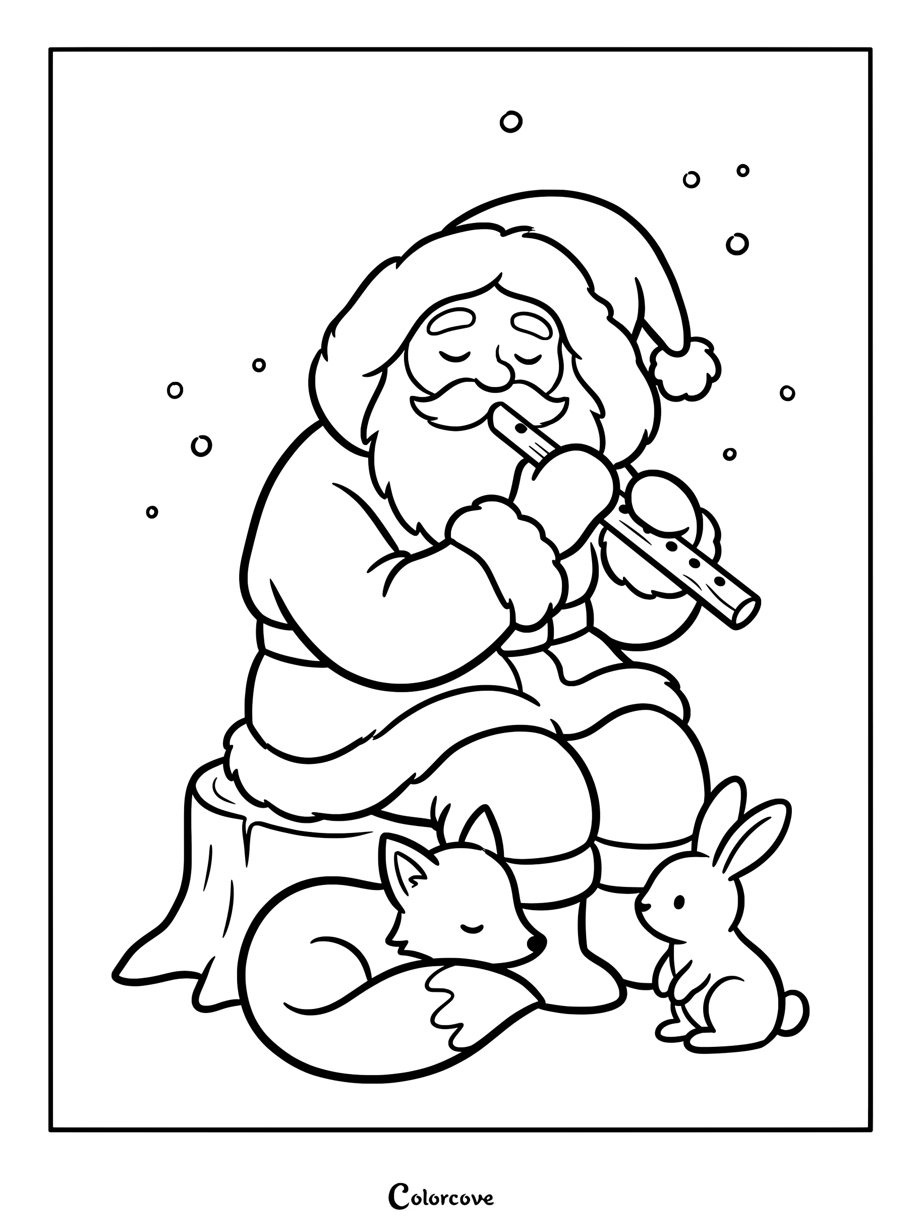 En esta página para colorear imprimible, Papá Noel está sentado en un tocón de árbol tocando la flauta, con un zorro dormido y un conejito cerca.