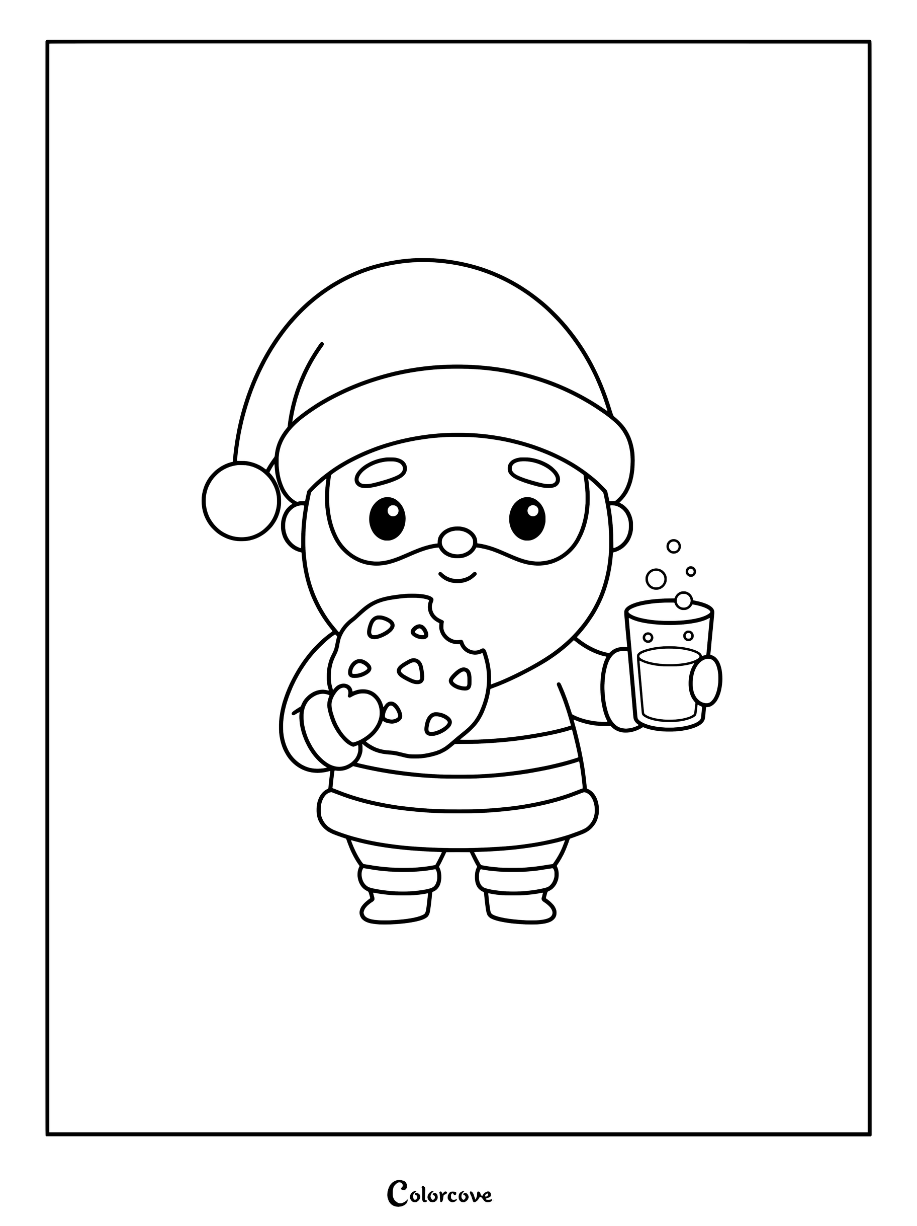 Un simpático Papá Noel sosteniendo una galleta de chocolate mordida y un vaso de leche en esta página para colorear imprimible.
