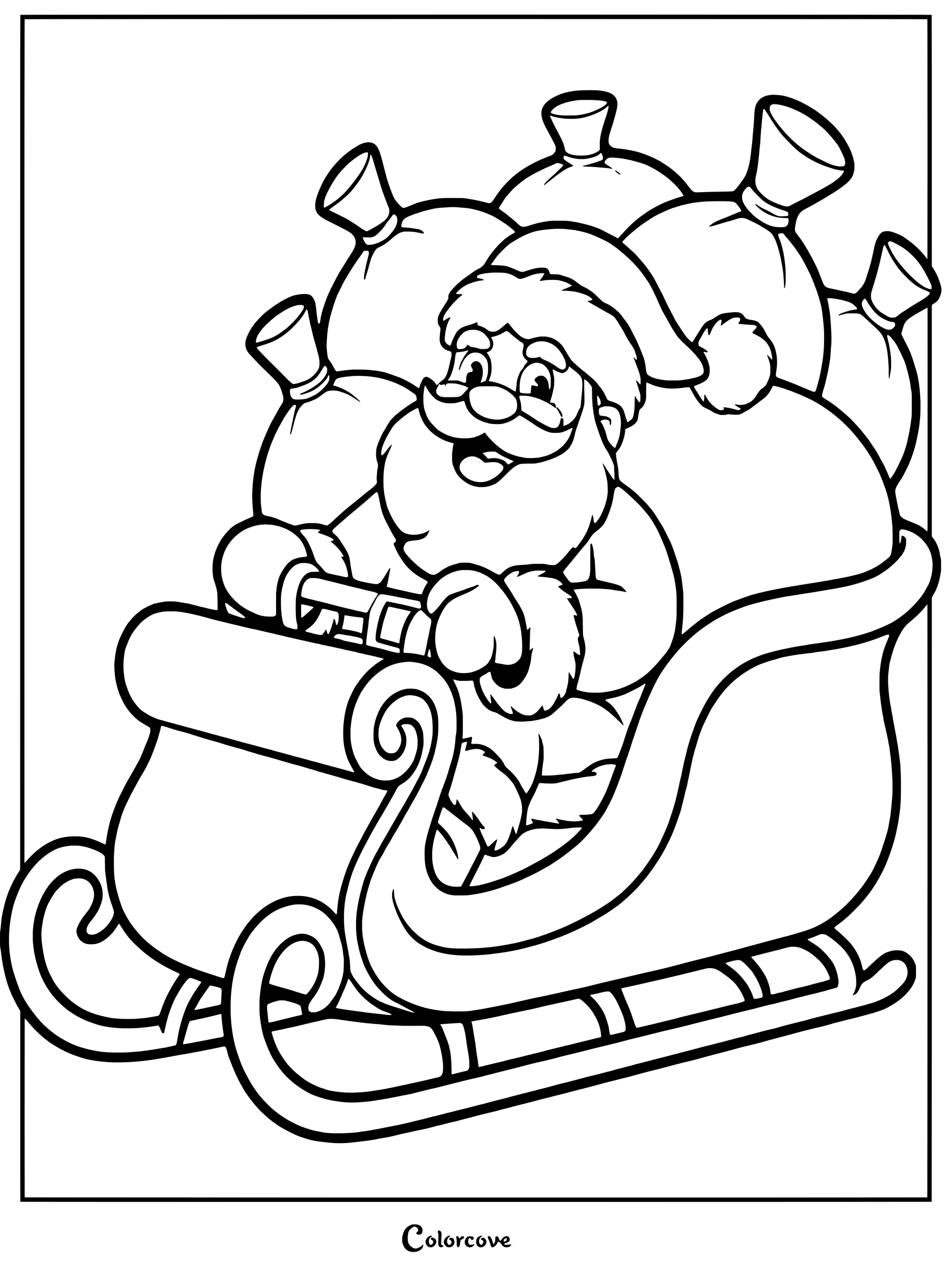 En esta página para colorear imprimible, Papá Noel conduce un trineo lleno de grandes sacos de regalos.
