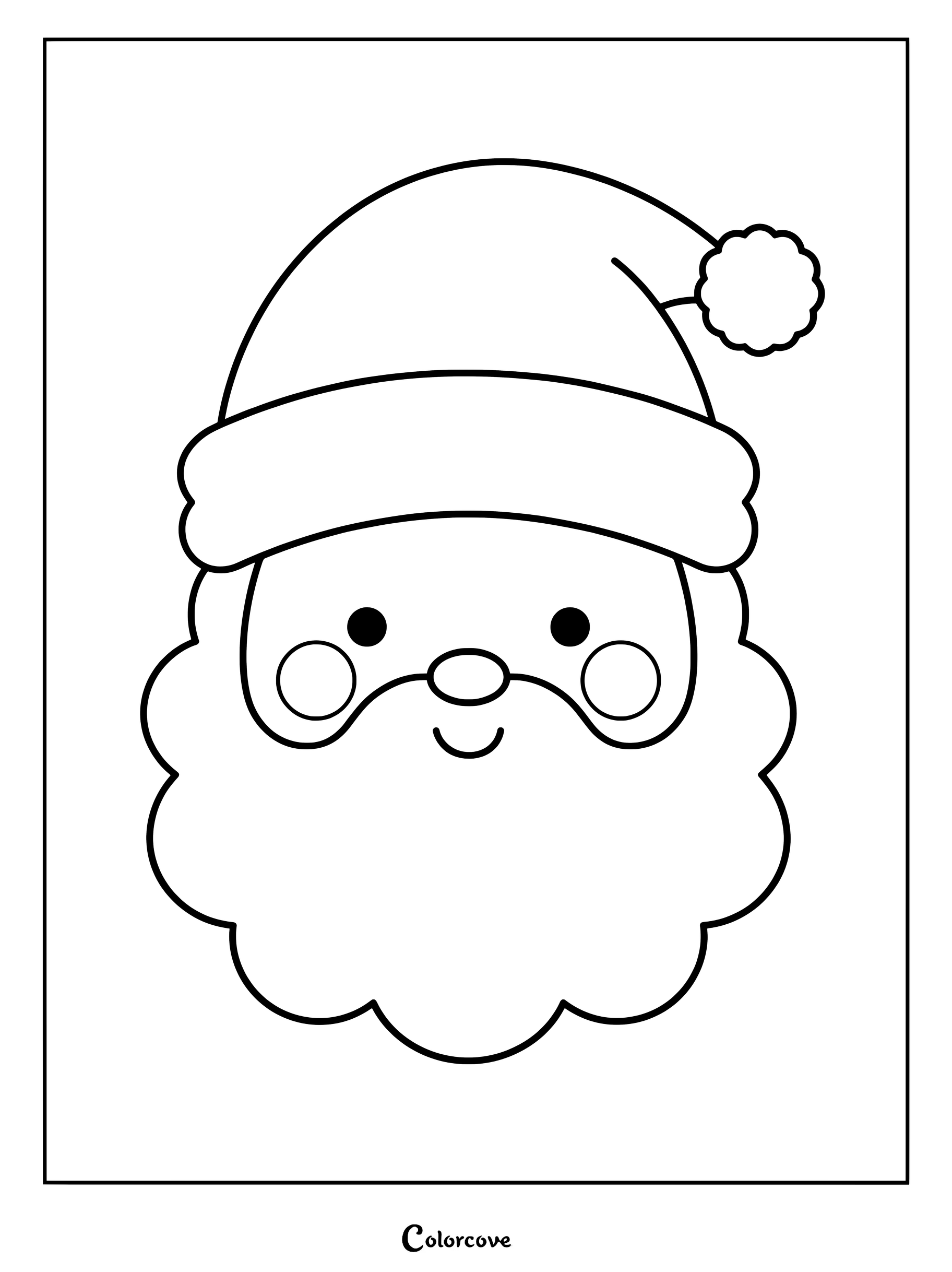 Una sencilla página para colorear con la cara de un Papá Noel kawaii, con nariz redonda, mejillas sonrosadas y barba esponjosa.