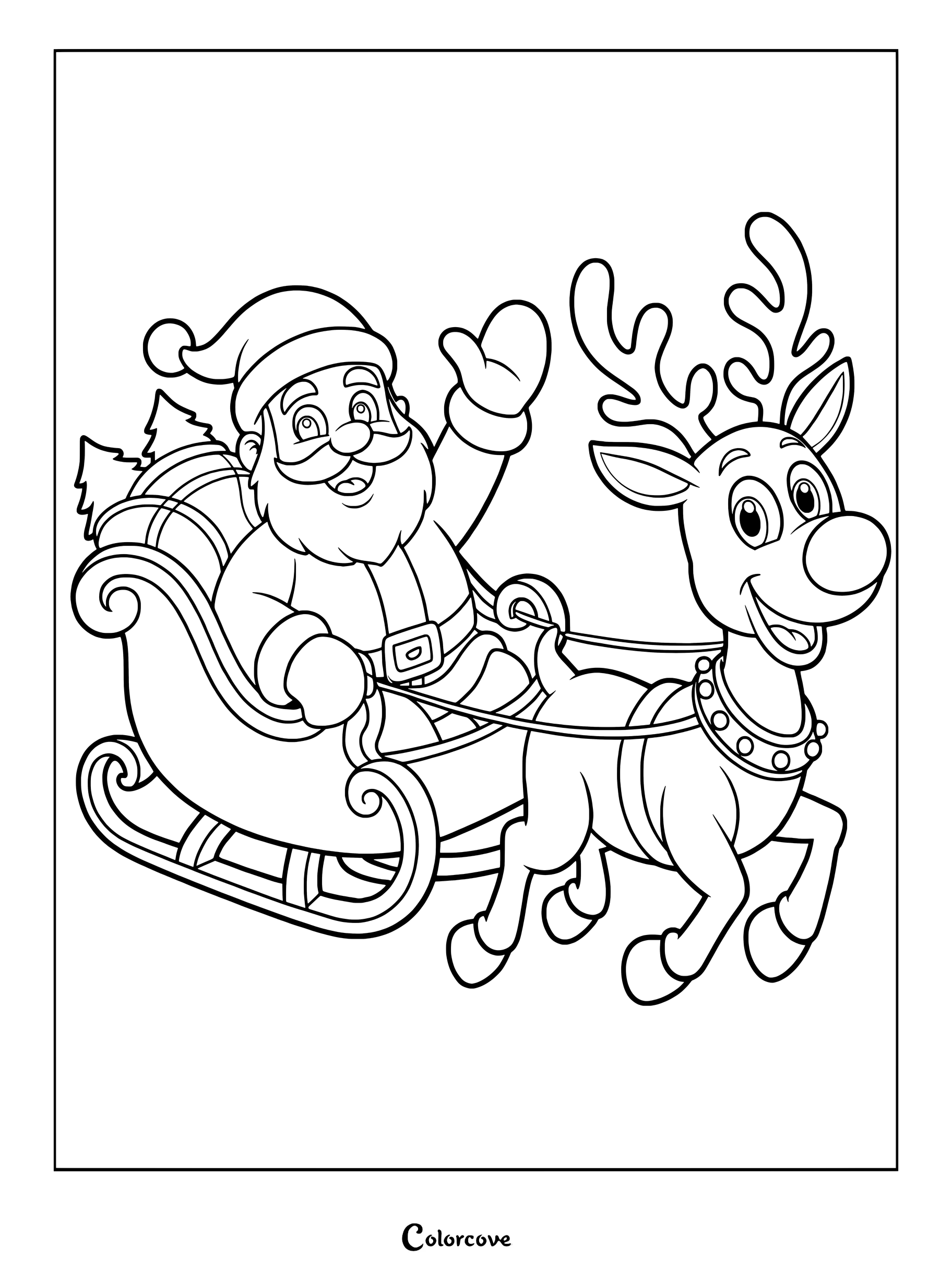 En esta página para colorear imprimible, Papá Noel saluda desde un trineo lleno de regalos tirado por un reno.