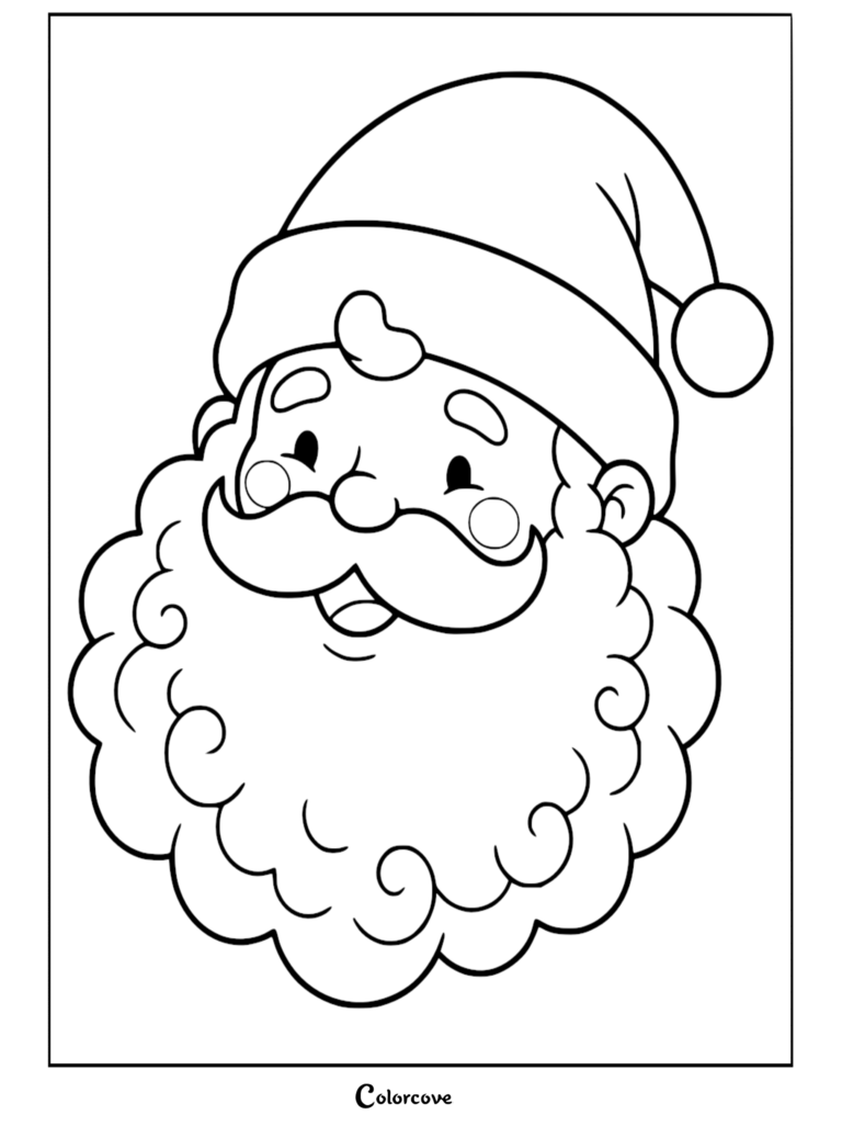 A cheerful Santa Claus head portrait coloring page featuring a curly beard and festive hat.