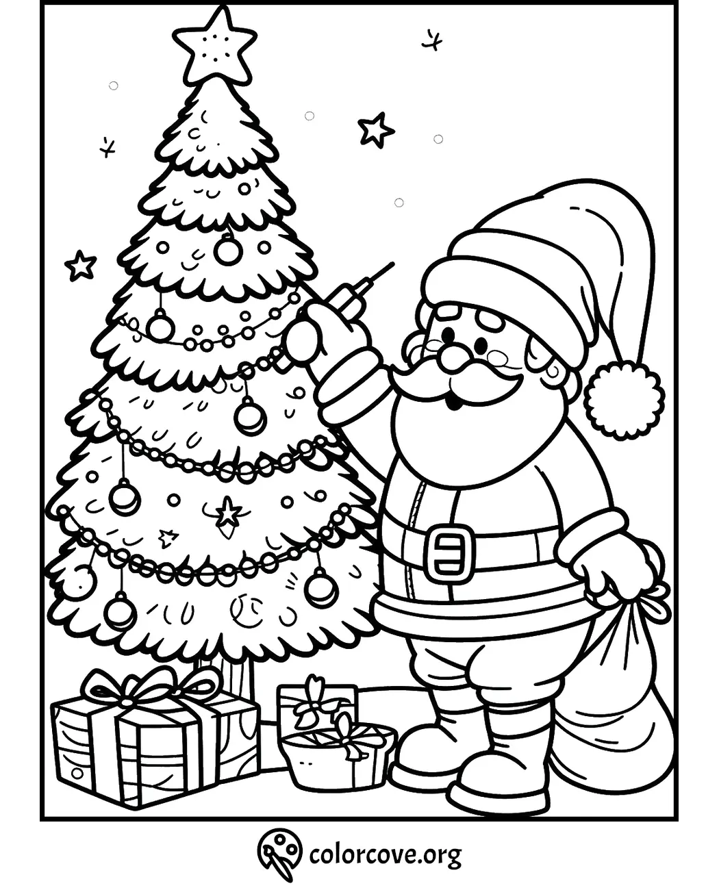 Santa decorating Christmas tree with gifts and star; coloring page for festive fun and creativity.