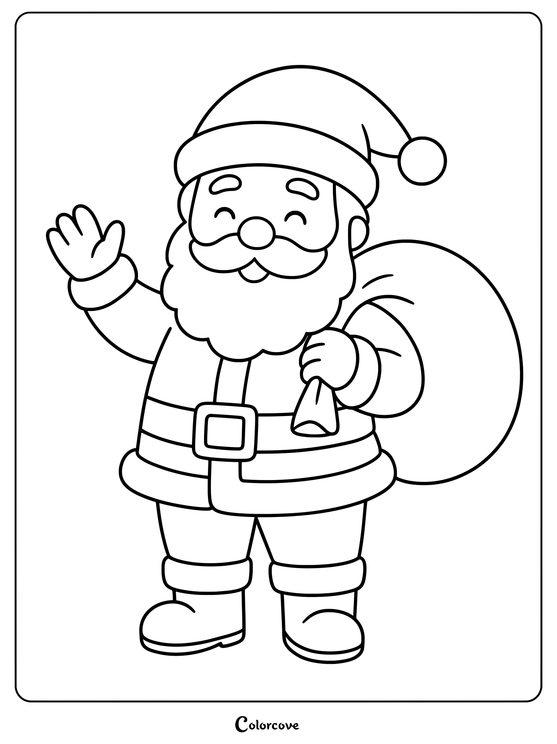 En esta página para colorear imprimible, un simpático Papá Noel saluda con la mano mientras sostiene un gran saco de regalos.