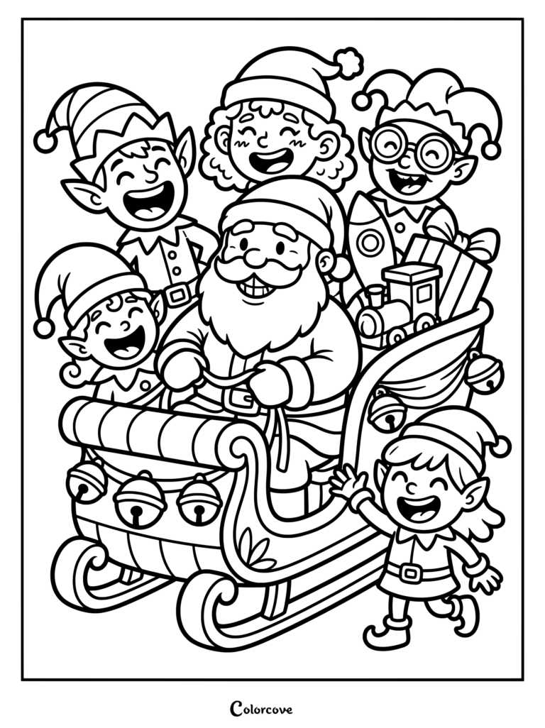 Santa Claus driving a sleigh filled with toys and gifts, surrounded by four happy elves, black and white coloring page.