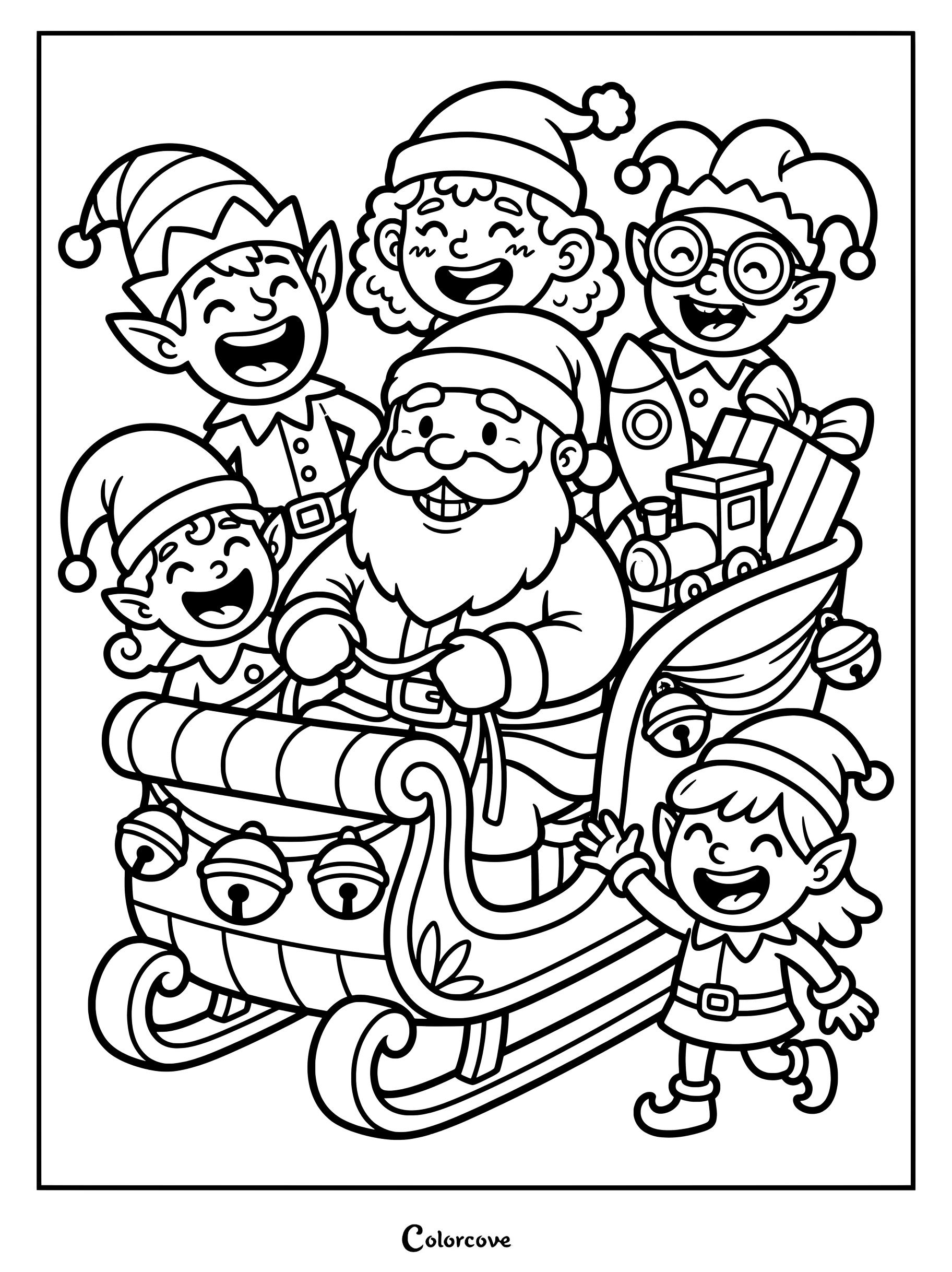 Papá Noel conduciendo un trineo lleno de juguetes y regalos, rodeado de cuatro elfos felices, página para colorear en blanco y negro.