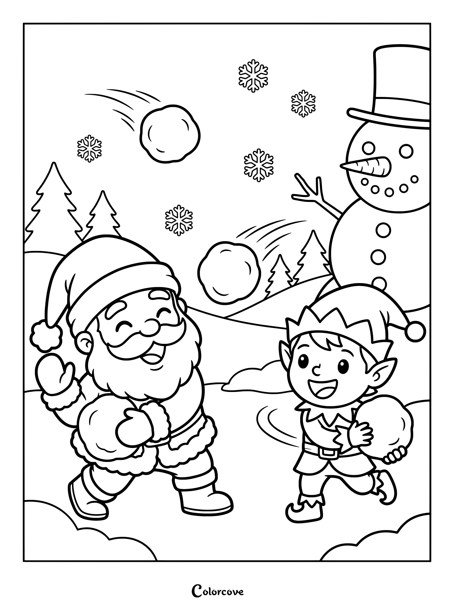 En esta página para colorear imprimible, Papá Noel y un elfo muy alegre se enzarzan en una guerra de bolas de nieve junto a un muñeco de nieve.