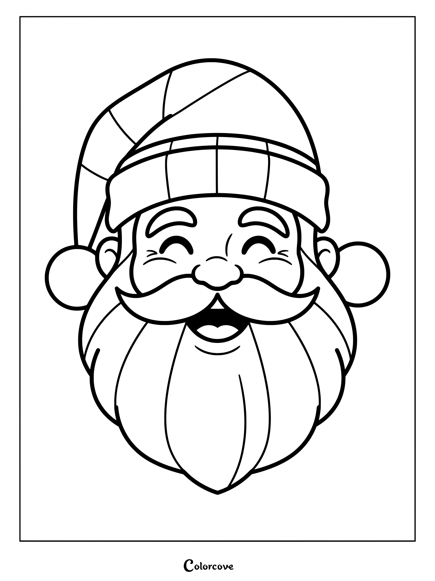 Una sencilla página para colorear con la cara sonriente de Papá Noel luciendo un gorro de invierno.