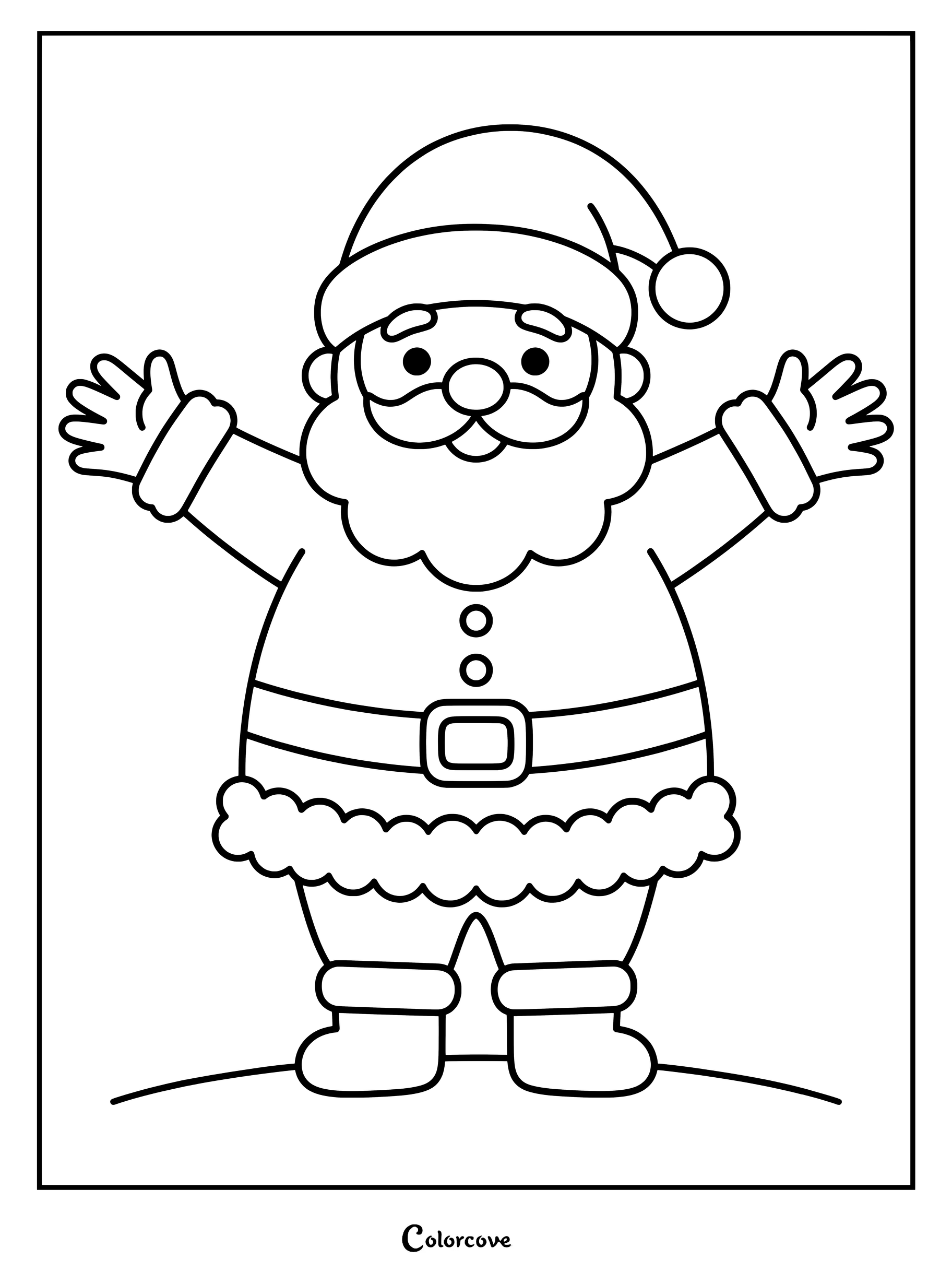 Un sencillo dibujo lineal para colorear de un simpático Papá Noel de pie con los brazos abiertos, vistiendo un traje y un gorro tradicionales.