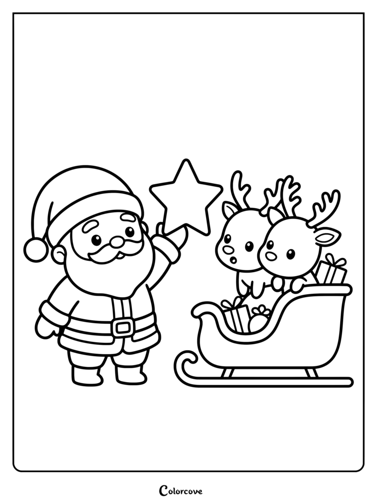 Santa Claus holding a star above a sleigh filled with gifts and two cute reindeer in this printable coloring page.