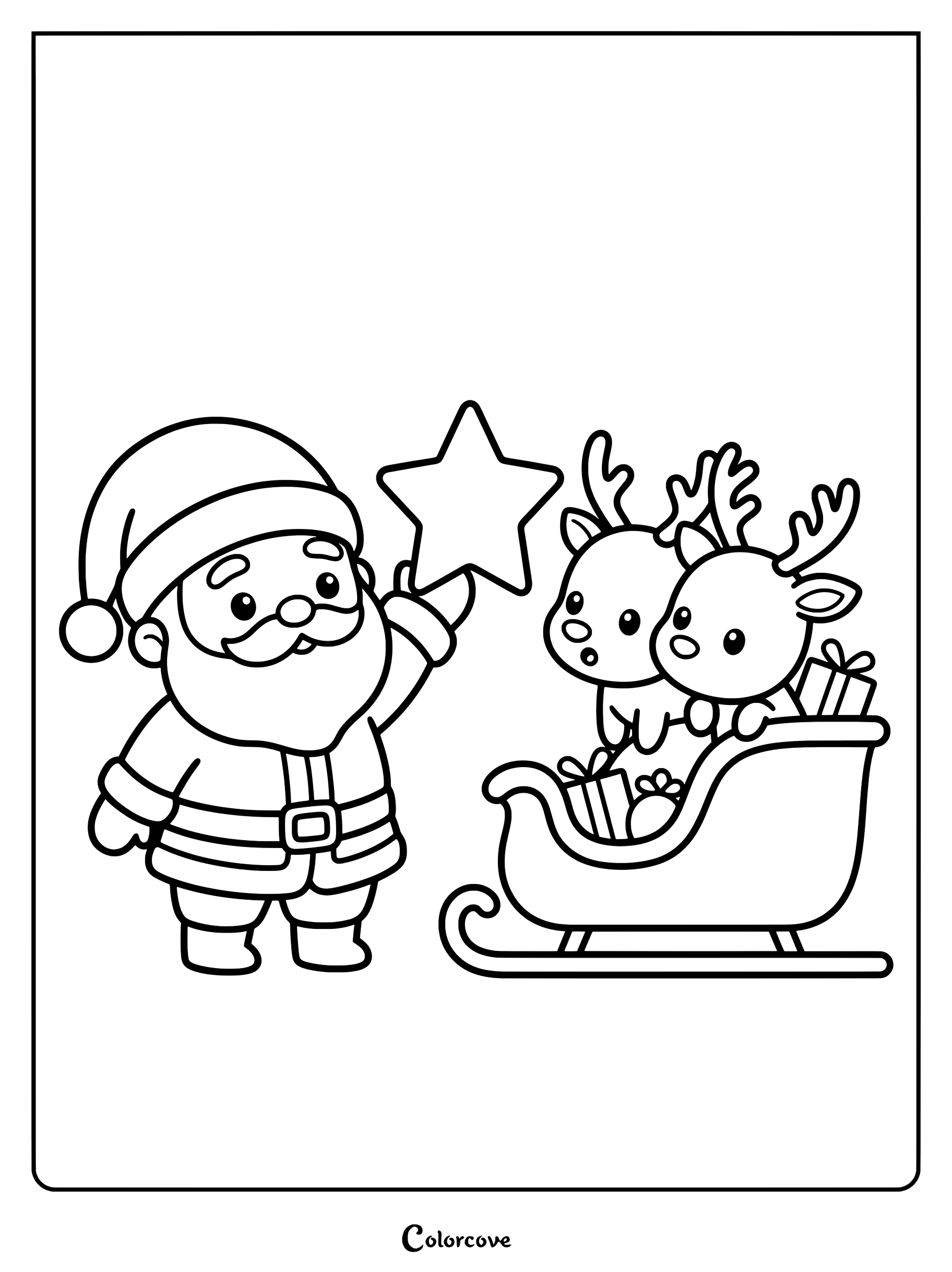 En esta página para colorear imprimible, Papá Noel sostiene una estrella sobre un trineo lleno de regalos y dos simpáticos renos.