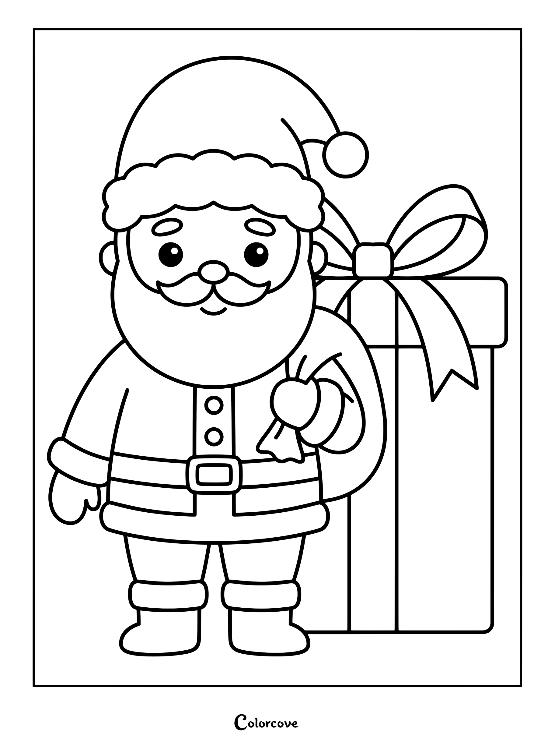 Lindo Papá Noel sosteniendo un pequeño saco junto a un gran regalo envuelto. Página para colorear