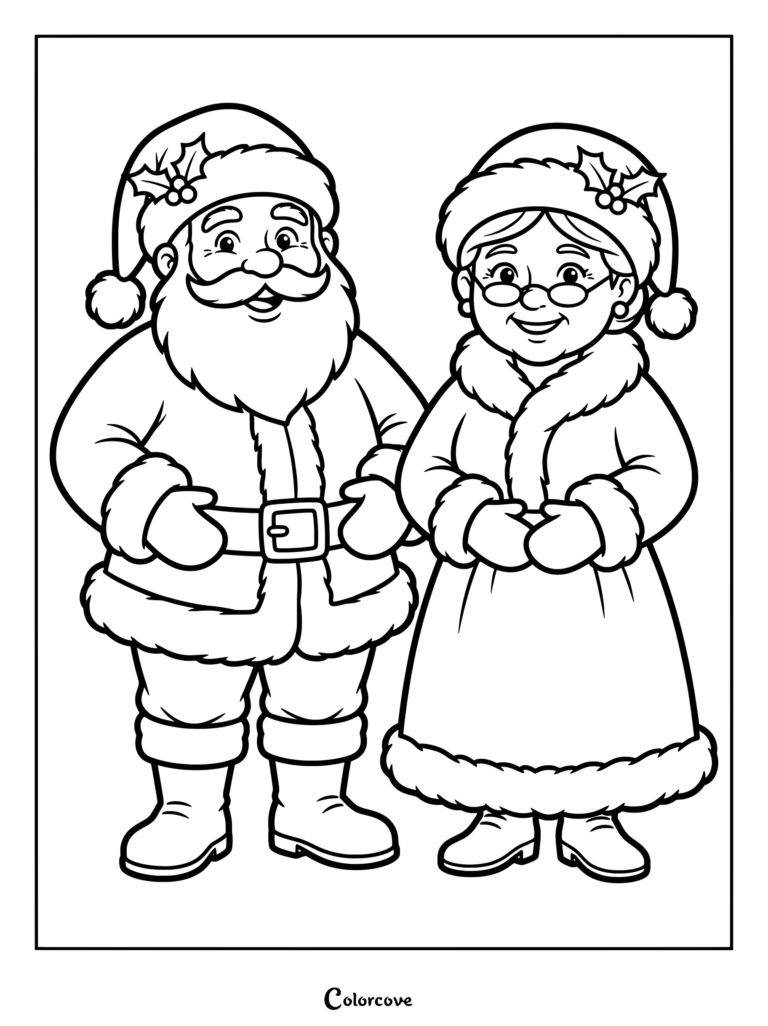 Santa Claus with a bushy beard and Mrs. Claus wearing glasses standing together in this festive holiday coloring page.