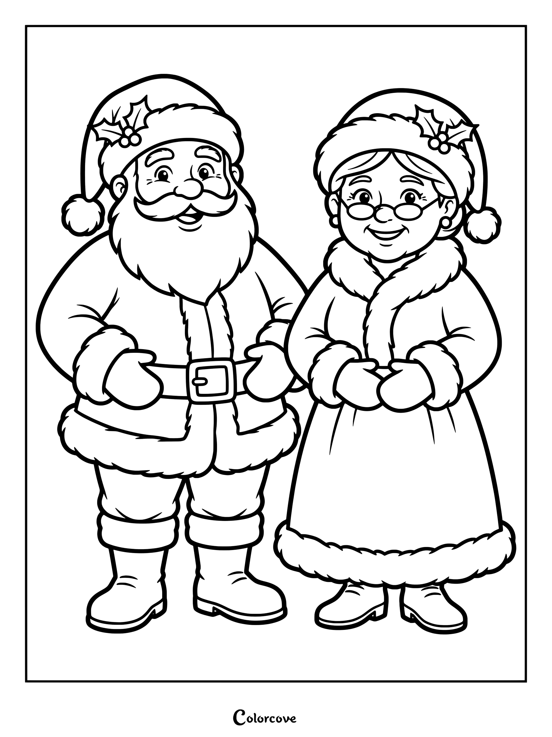 Papá Noel, con su frondosa barba, y la Señora Claus, con gafas, aparecen juntos en esta festiva página para colorear navideña.