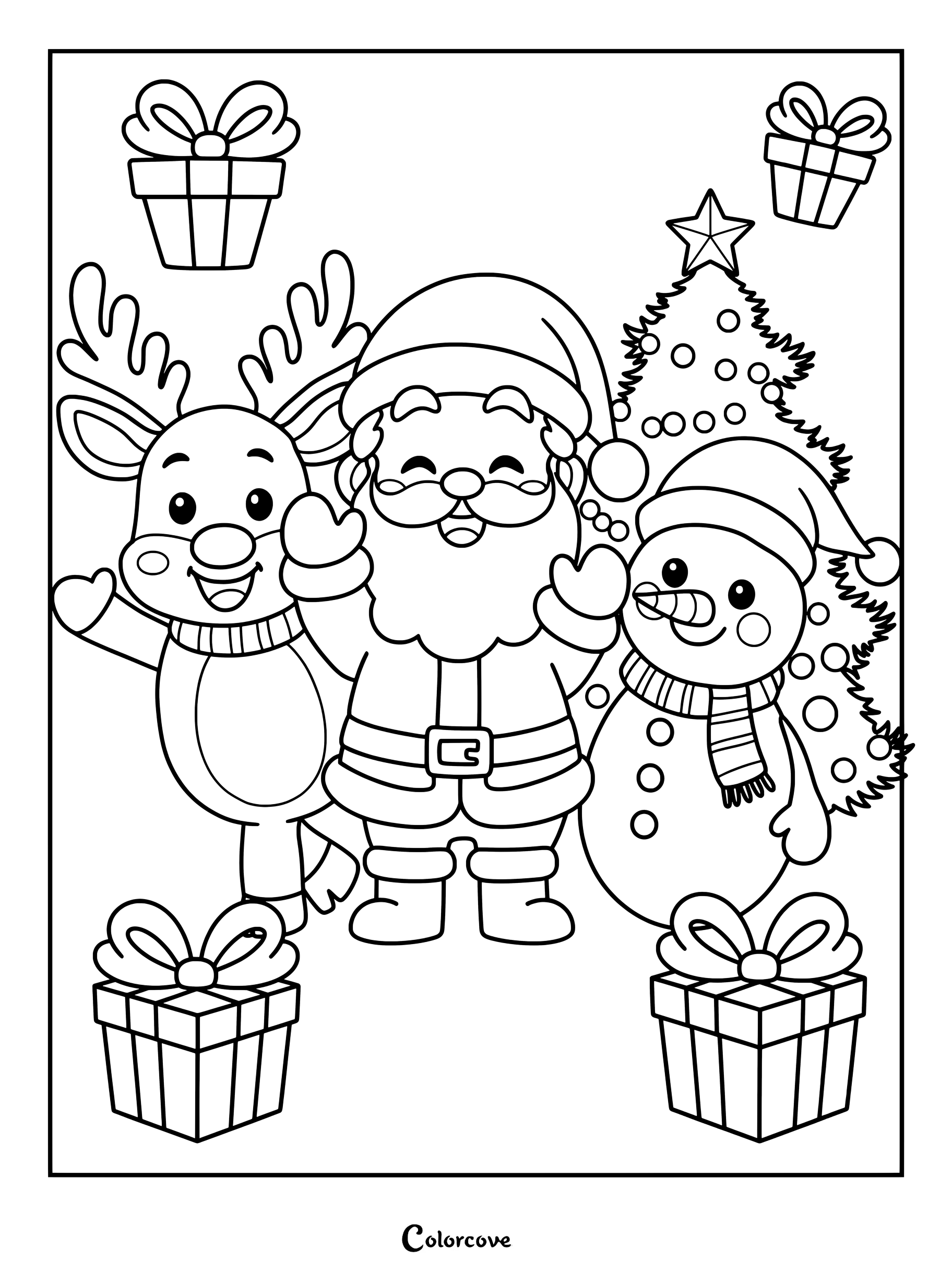 En esta página para colorear imprimible, Papá Noel, un reno feliz y un muñeco de nieve aparecen junto a un árbol de Navidad decorado y regalos.