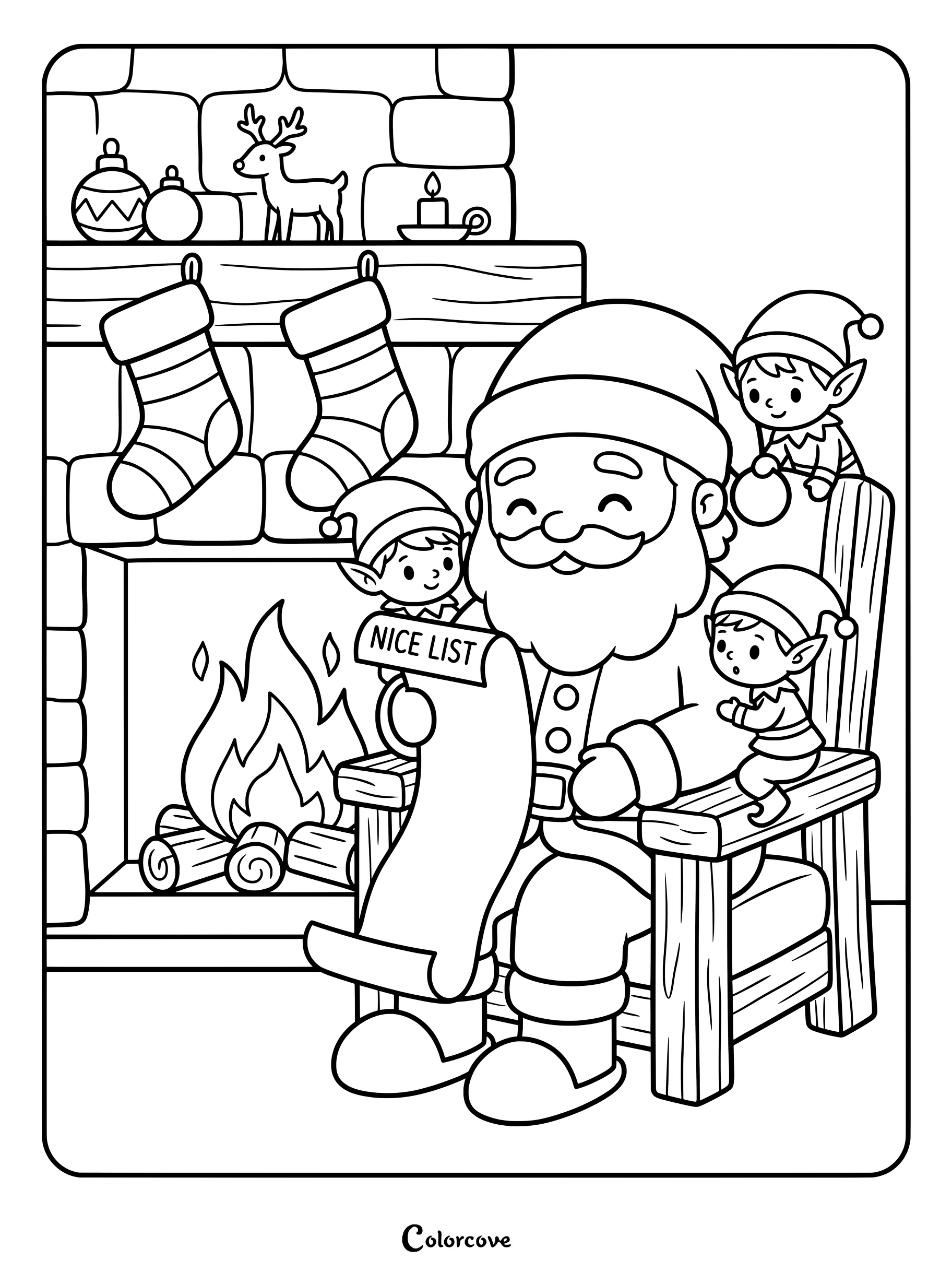 Papá Noel sentado en una silla de madera junto a una chimenea leyendo un pergamino con la lista de los niños buenos, acompañado de tres elfos navideños. Página para colorear imprimible.