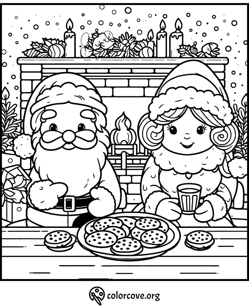 Santa and Mrs. Claus at a cozy fireplace with cookies and hot drink, holiday coloring page for Christmas fun.