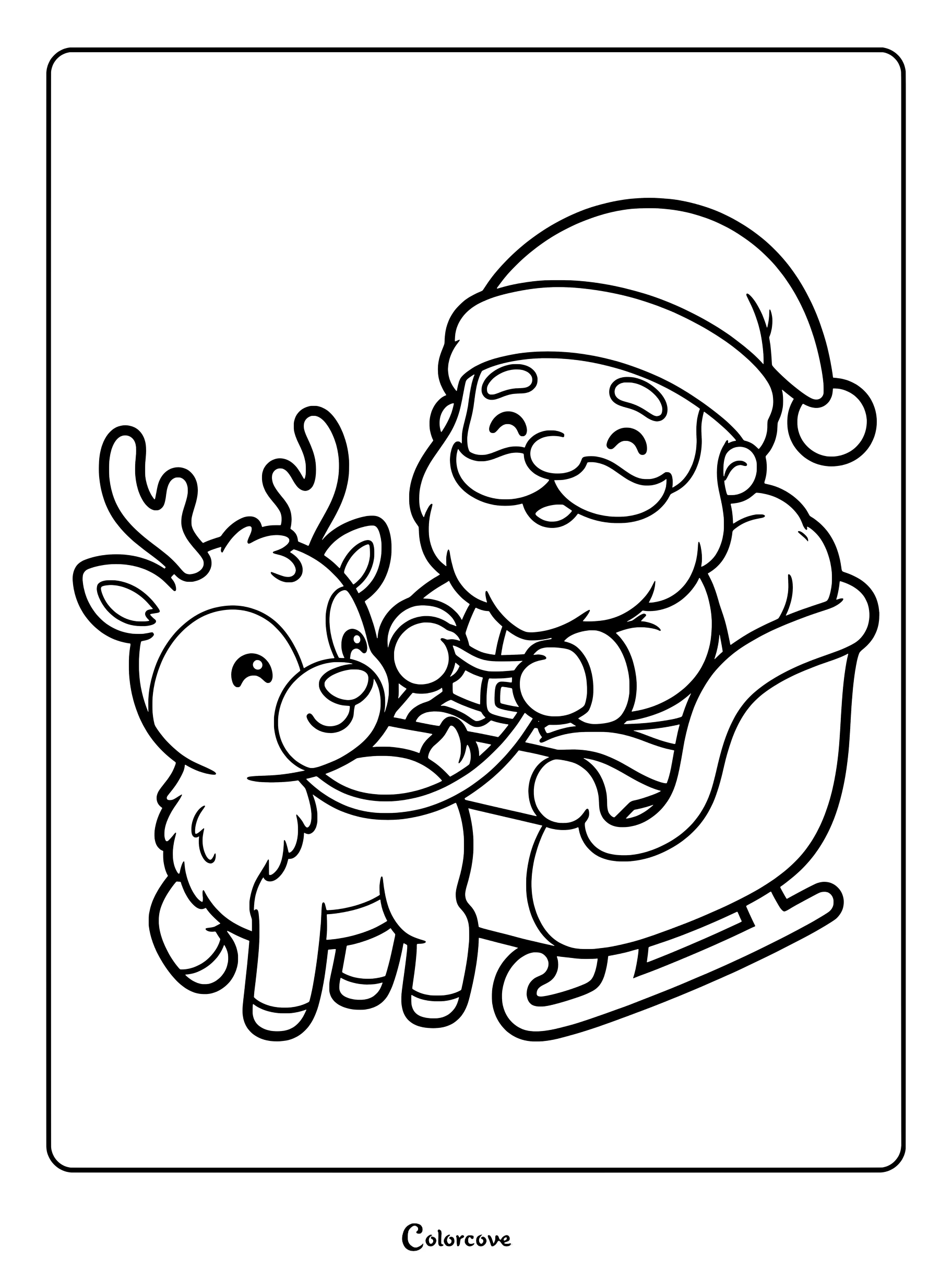 En esta página para colorear imprimible, Papá Noel sonríe mientras sujeta las riendas de un simpático reno que tira de su trineo.