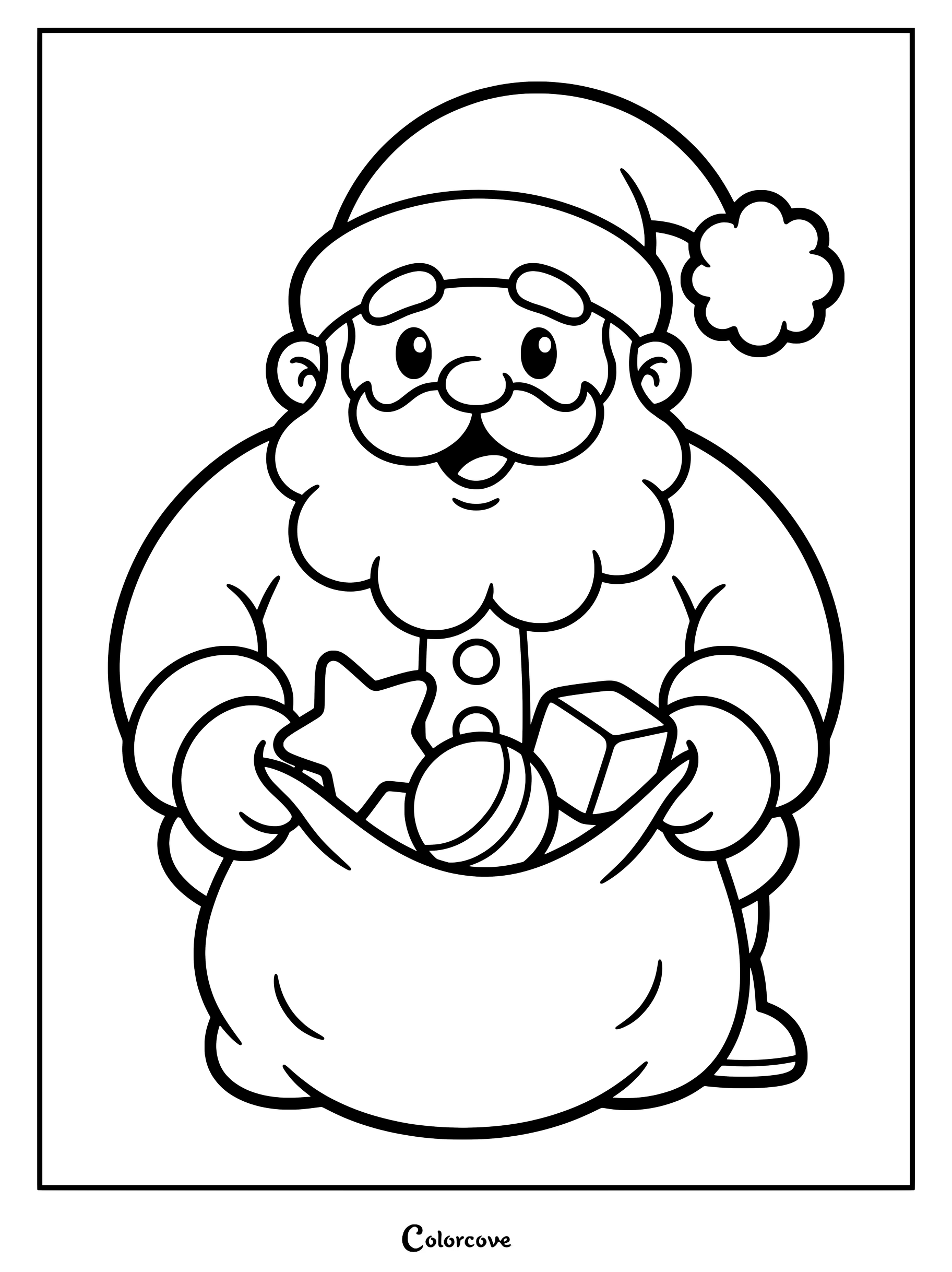 En esta página para colorear imprimible, Papá Noel sonríe mientras sostiene un gran saco lleno de un juguete que contiene una estrella, una pelota y un cubo.