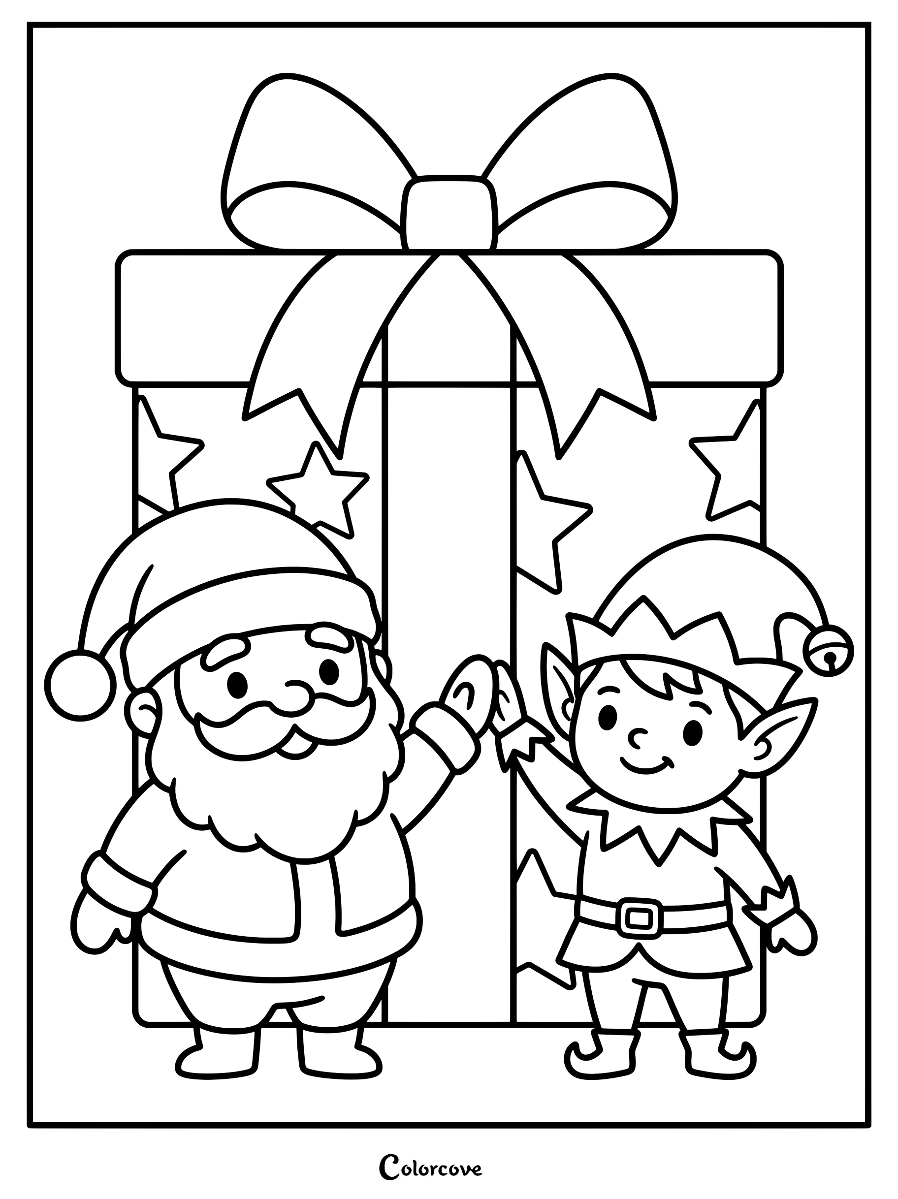 En esta página para colorear imprimible, Papá Noel y un elfo navideño chocan las manos frente a una gran caja de regalo con estampado de estrellas.
