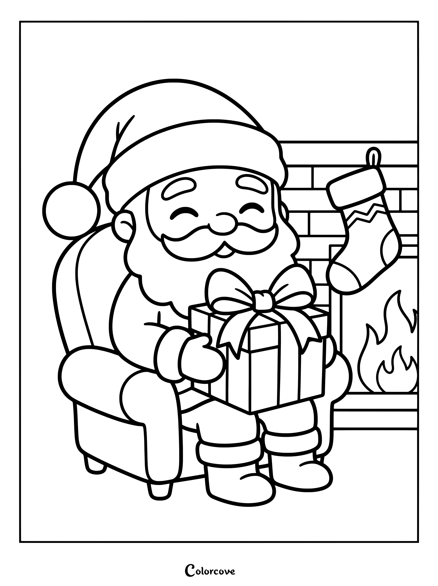 Papá Noel sentado en un sillón sosteniendo un regalo envuelto con un lazo junto a una chimenea con un calcetín navideño, página para colorear imprimible.
