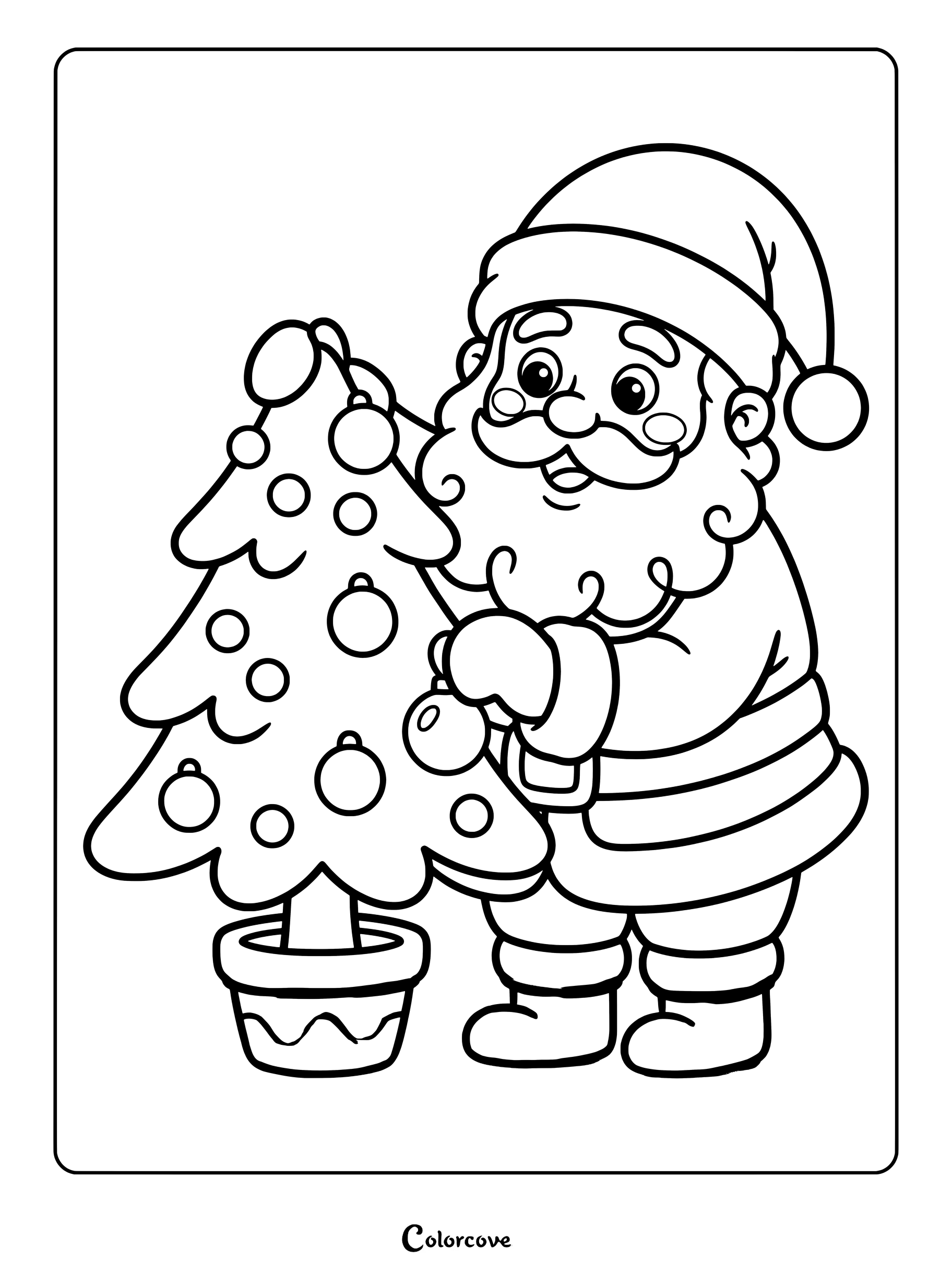 En esta página para colorear imprimible, Papá Noel cuelga adornos redondos en un pequeño árbol de Navidad en maceta.