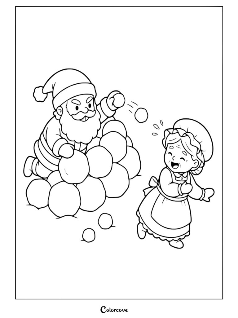 Santa Claus throwing a snowball at Mrs. Claus from behind a snow fort in this printable coloring page.
