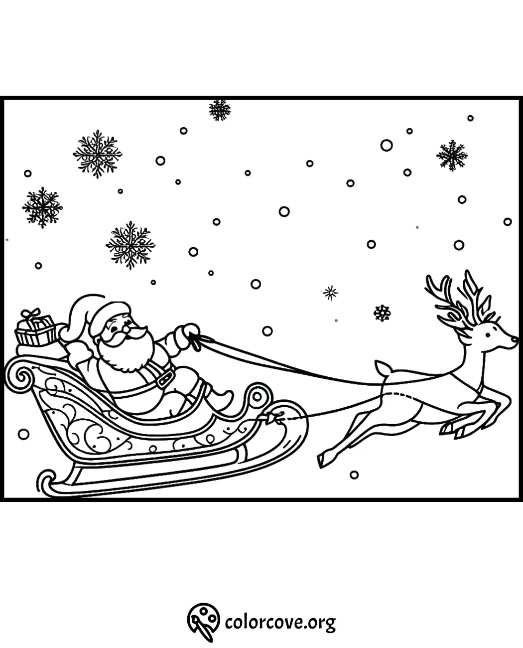 Santa sleigh and reindeer coloring page with snowflakes, perfect for holiday fun and creativity.