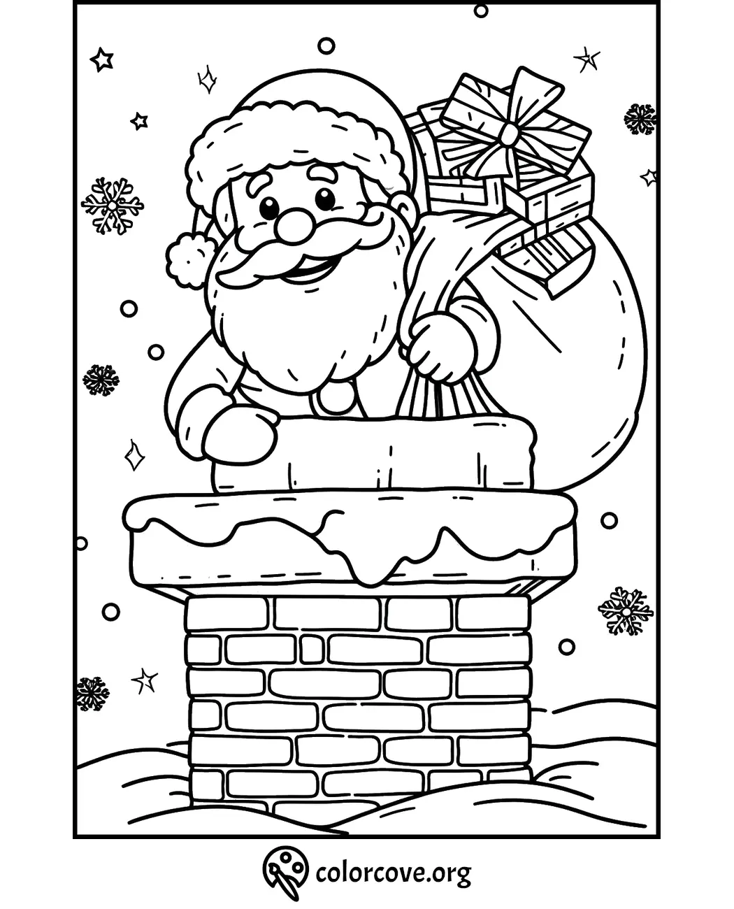 Santa climbing down chimney with gift sack, winter scene coloring page with snowflakes, bricks, and starry night sky.