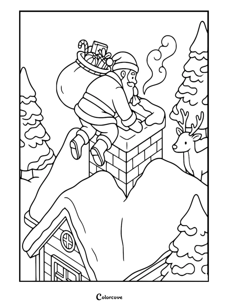 Santa climbing down a snowy chimney with a gift sack on a rooftop coloring page with a reindeer nearby.