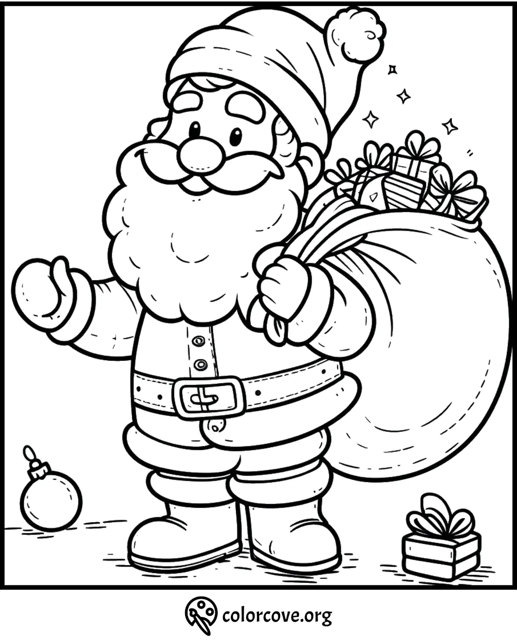 Coloring page of Santa Claus with a sack of gifts, perfect for Christmas holiday fun and festive creativity.