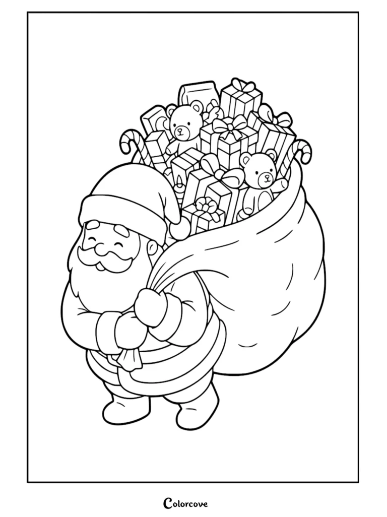 Santa Claus carrying a large sack filled with wrapped gifts, teddy bears, and candy canes in this printable coloring page.