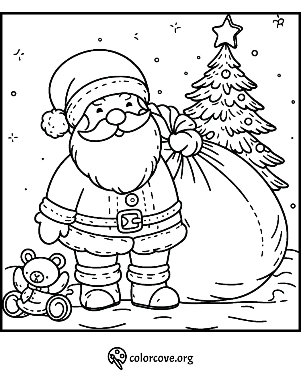 Santa with gift sack and bear in snow, next to Christmas tree. Coloring page for kids' holiday fun and creativity.