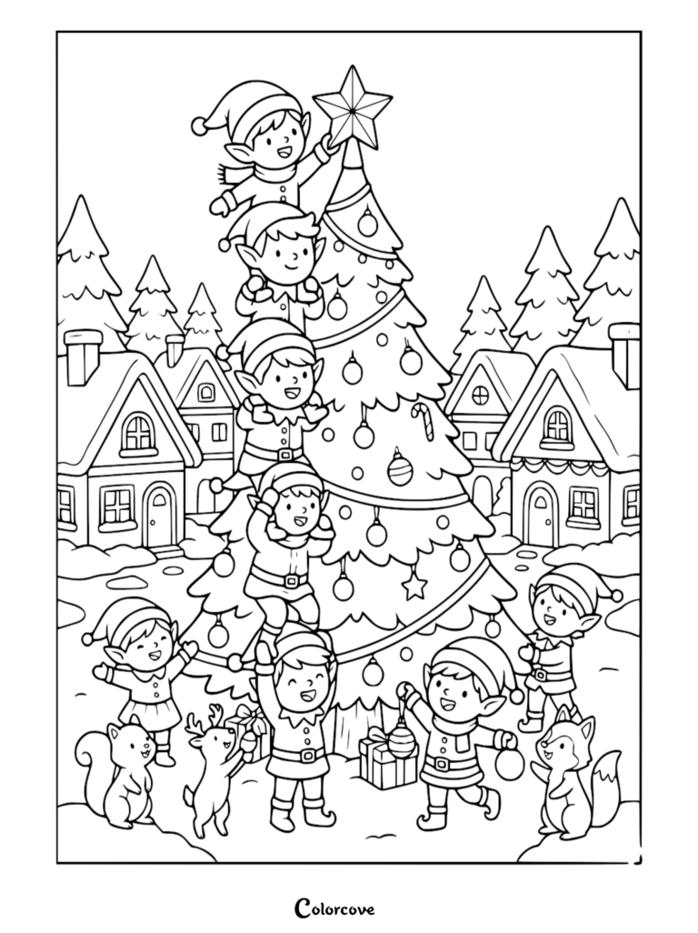 Santa's Elves decorating a large Christmas tree in a snowy village, free printable coloring page.