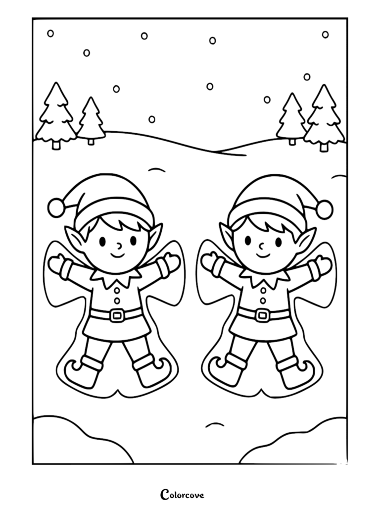 Two Santa's Elves making snow angels in a winter landscape coloring page