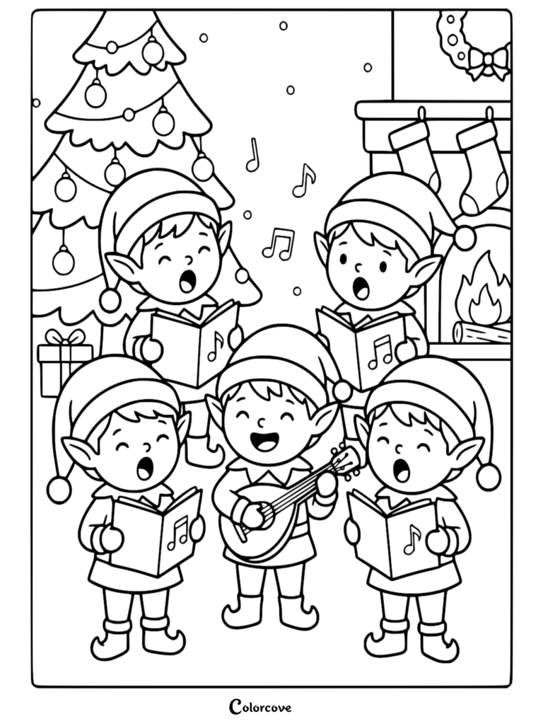 Five Santa's Elves singing Christmas carols and playing a lute in this free printable coloring page.